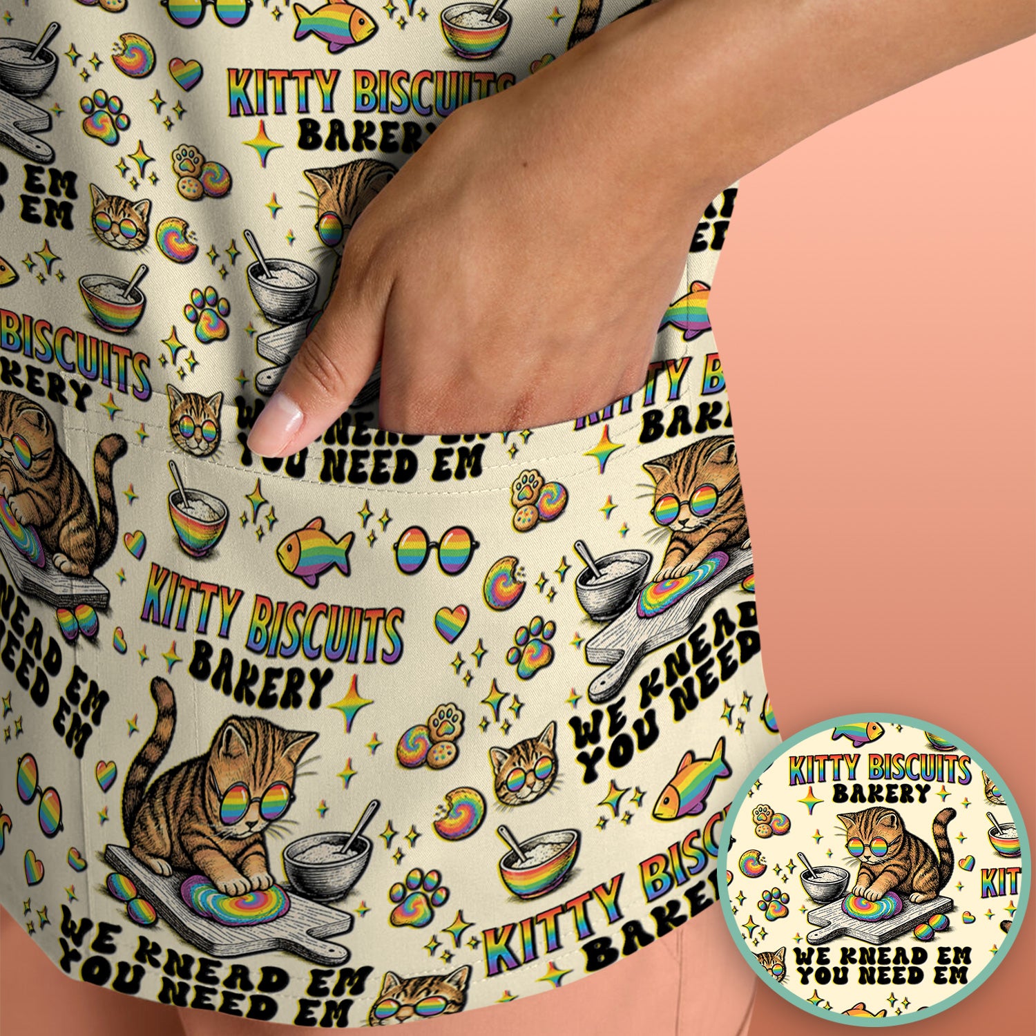 Pride Nurse Cat Baking Rainbow Dough Pattern Scrub Top, Breathable Fabrics Nursing Uniform