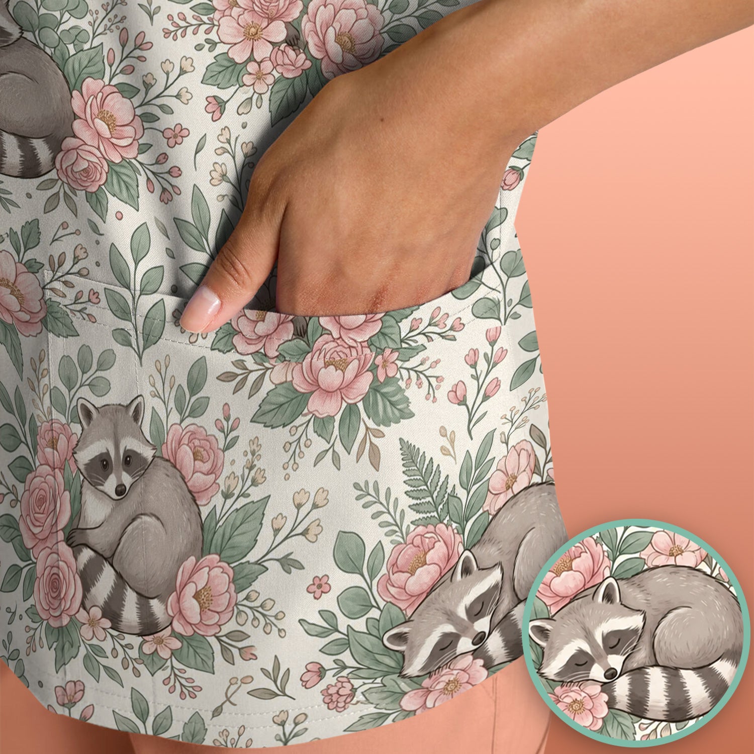 Sleeping Raccoon Rose Garden Pattern Scrub Top, Breathable Fabrics Nursing Uniform