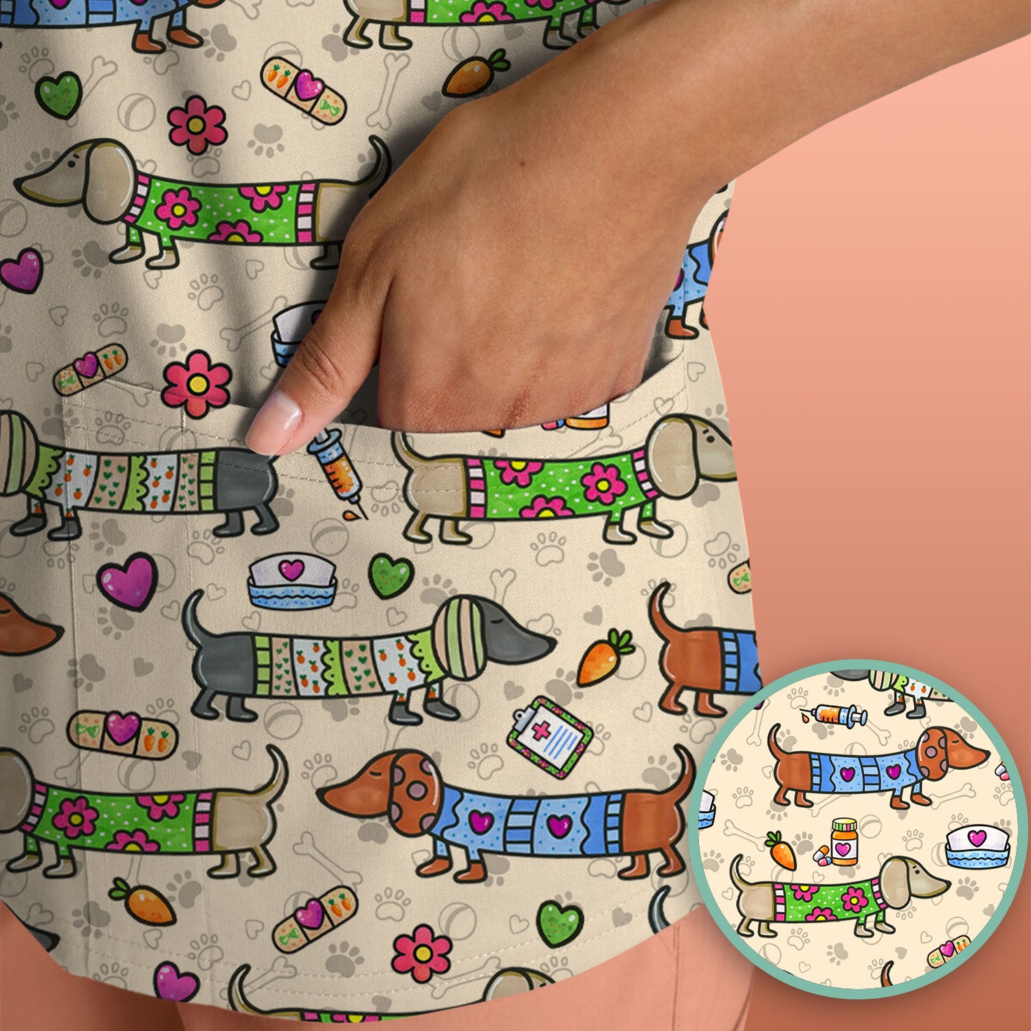 Cute Dachshund Nurse Scrub Top, Funny Wiener Dog Nursing Shirt, Breathable Fabrics Nursing Uniform