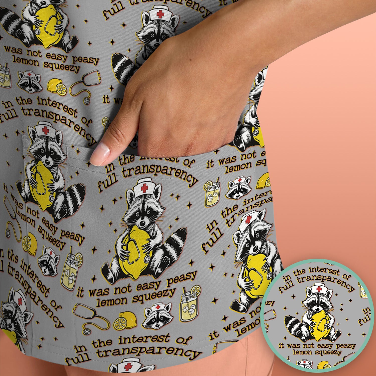 Raccoon Lemon Quote Medical Humor Pattern Scrub Top, Breathable Fabrics Nursing Uniform