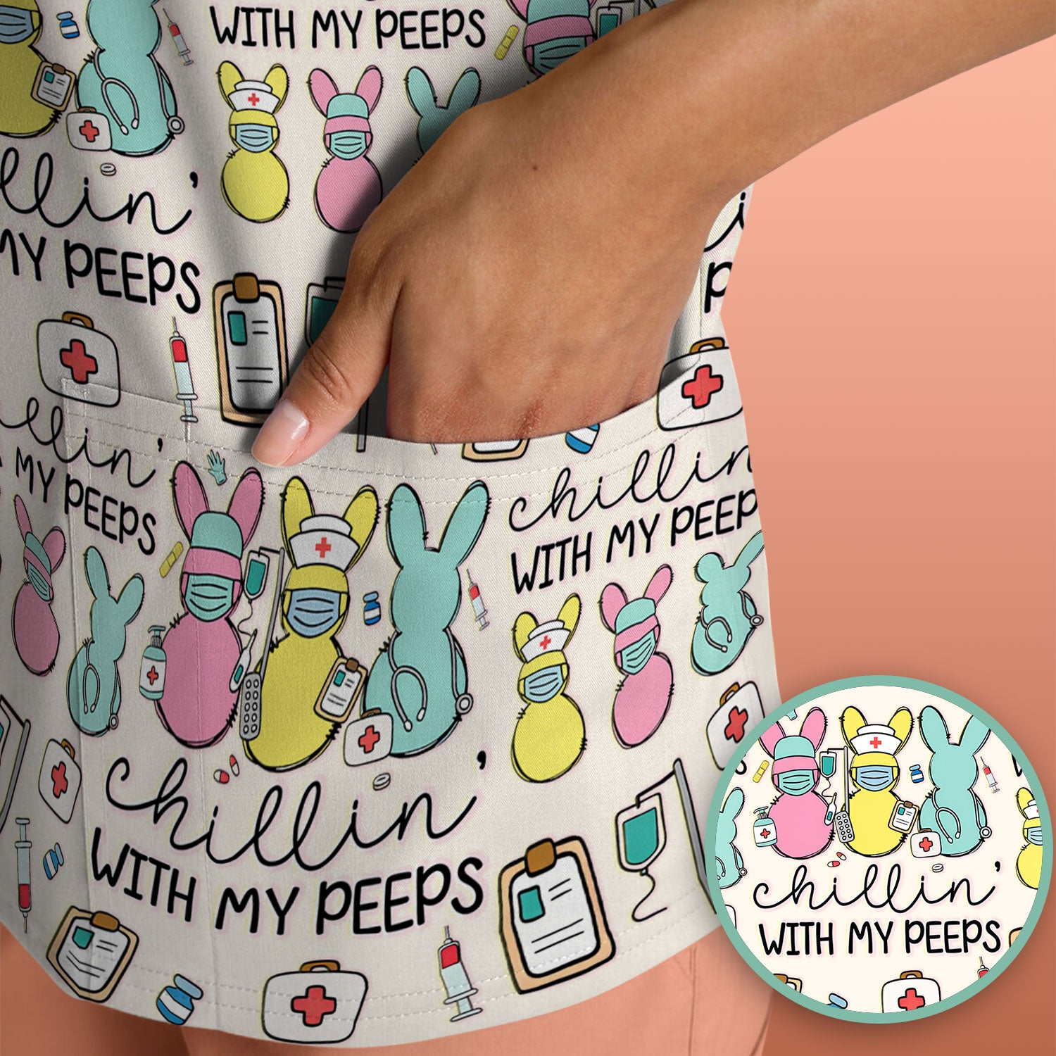 Cute Bunny Nurse Chillin With My Peeps Scrub Top, Comfortable Scrubs for Nurses, Easter