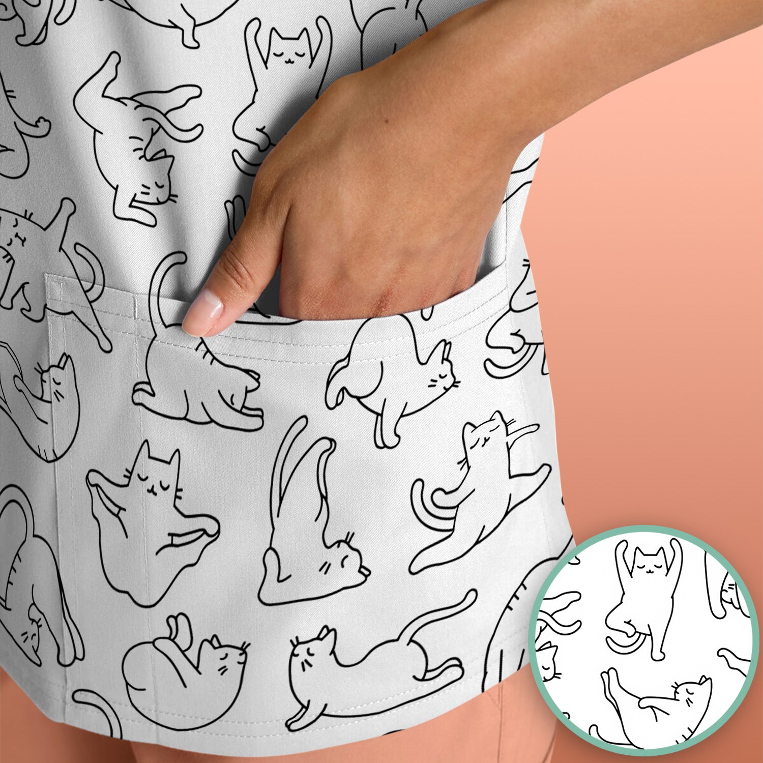 Cute Cat Outline Playing Pattern Scrub Top, Colorful Gothic Nurse Scrubs Uniform