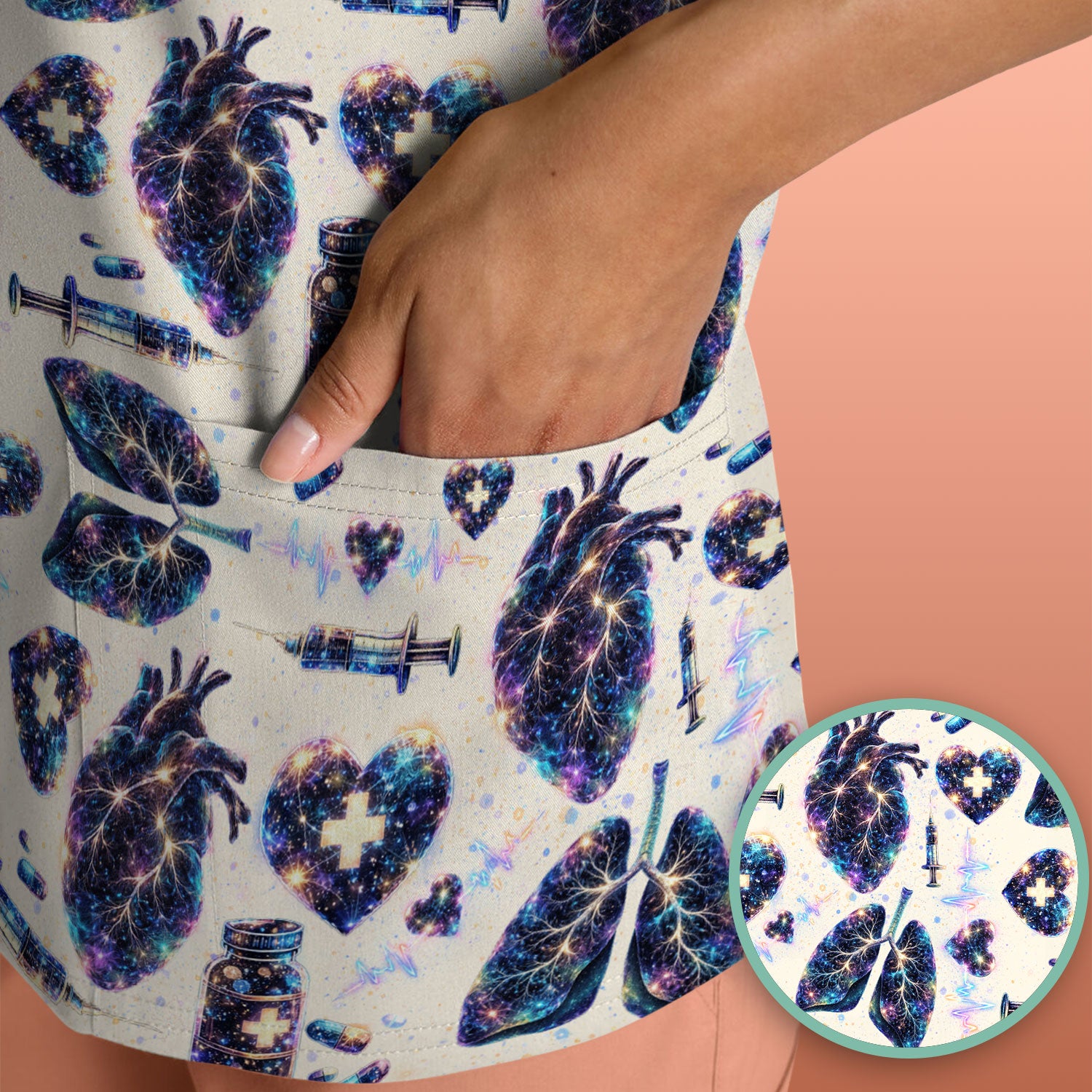 Galaxy Anatomical Heart Lung Syringe Print Scrub Top, Breathable Fabrics Nursing Uniform