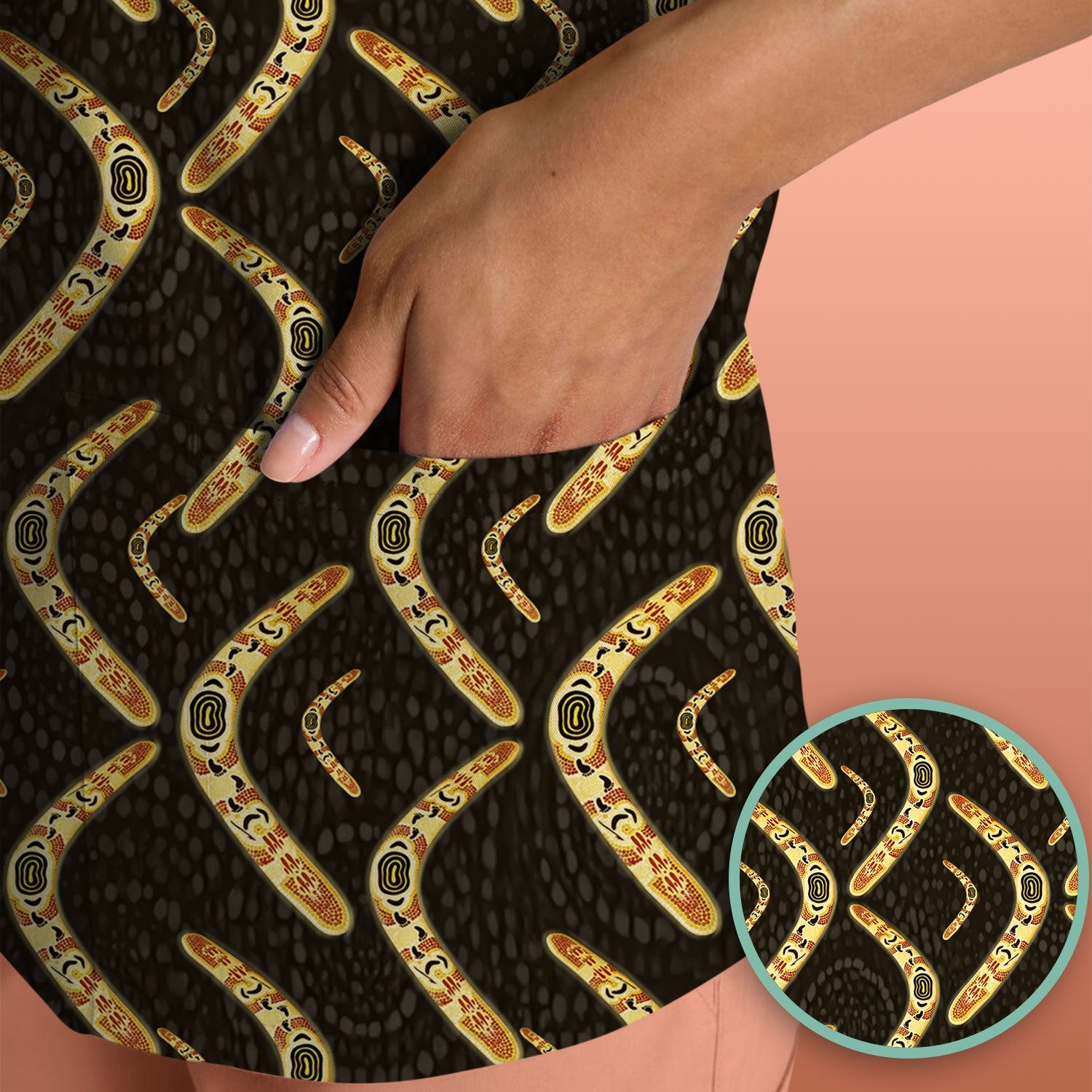 Aboriginal Boomerang Pattern Nurse Scrub Top, Breathable Fabrics Nursing Uniform