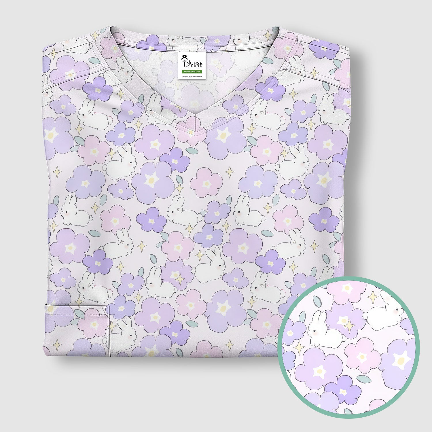 Cute Bunny Floral Pastel Pattern Scrub Top, Breathable Fabrics Nursing Uniform