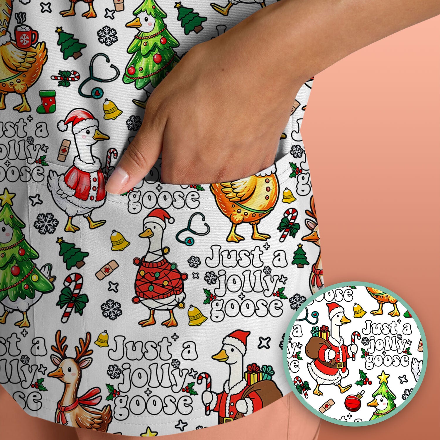 Just a Jolly Goose Funny Christmas Scrub Top - Holiday Medical Uniform for Nurse - Santa Goose Shirt Gift for Women