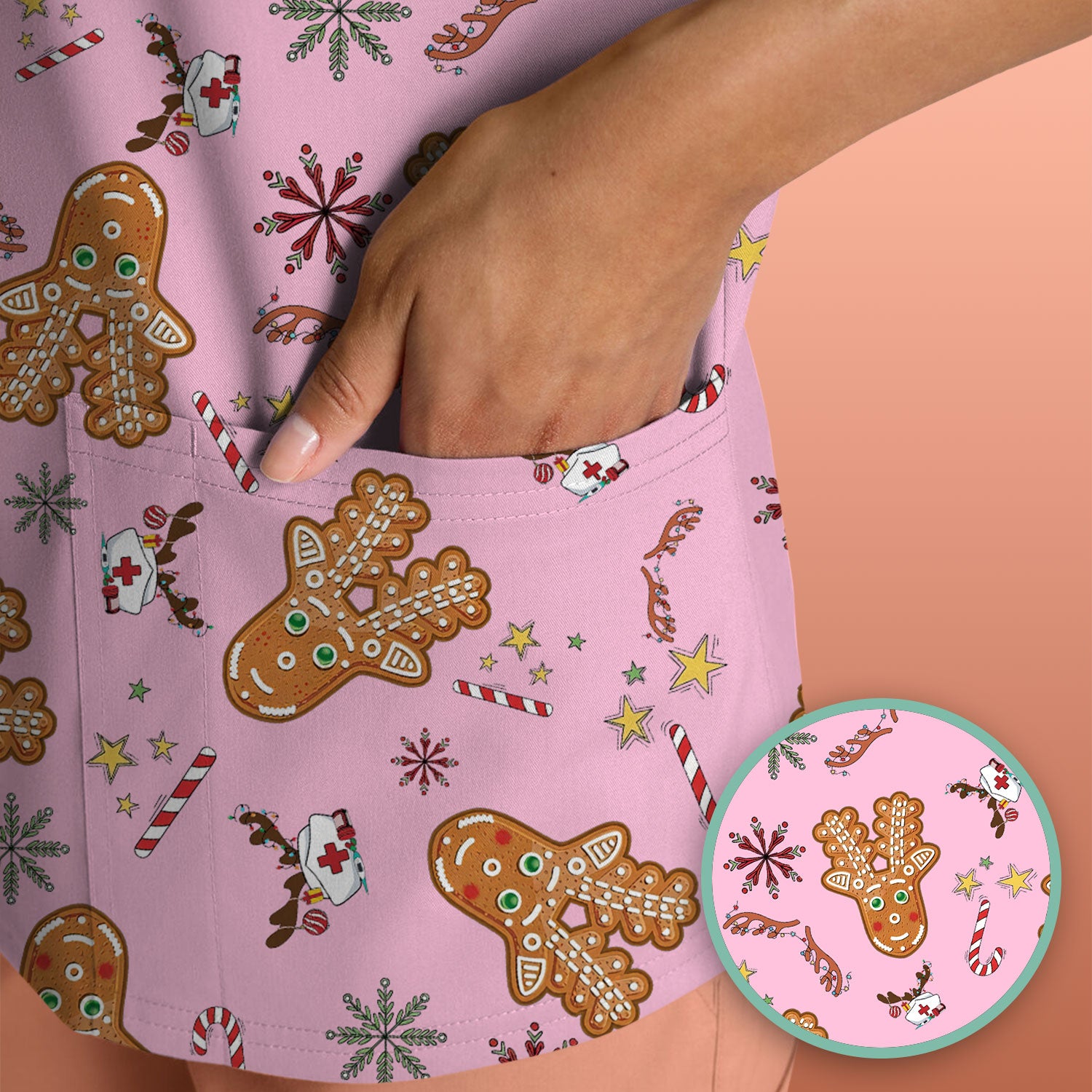 Gingerbread Cookies Reindeer Scrub Top - Funny Christmas Gingerbread Nursing Uniform - Comfortable Scrubs for Nurses