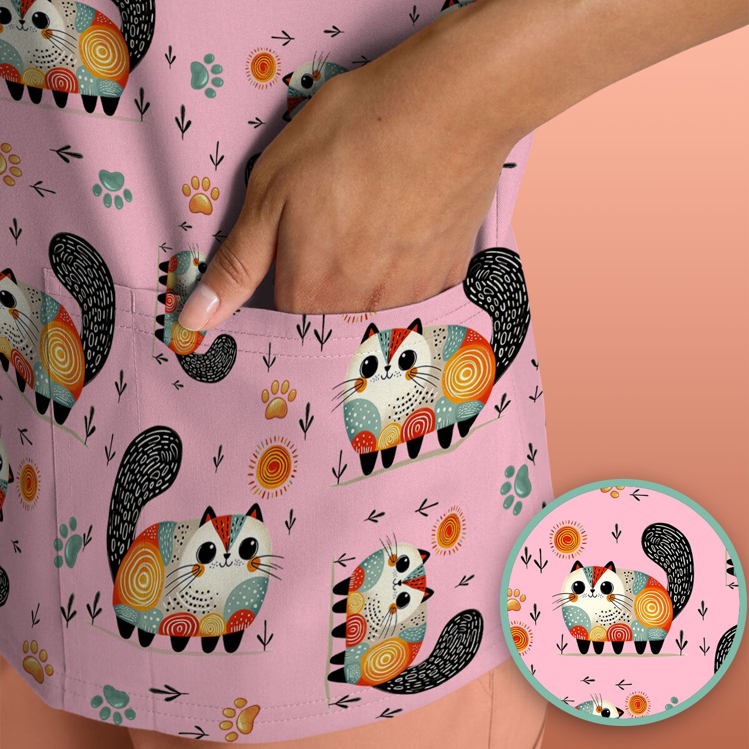 Playful Cat Illustration Nurse Scrub Top, Comfortable Scrubs for Nurses