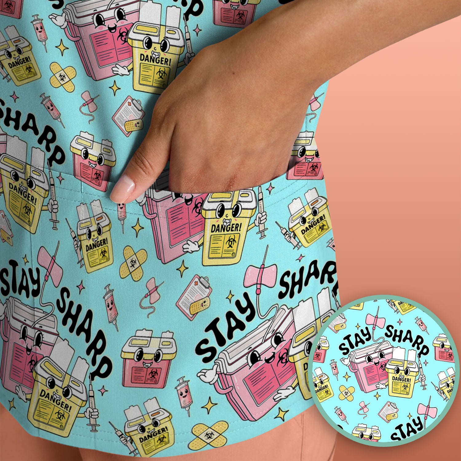Stay Sharp Nurse Scrub Top, Cute Medical Pattern Scrubs, Breathable Fabrics Nursing Uniform