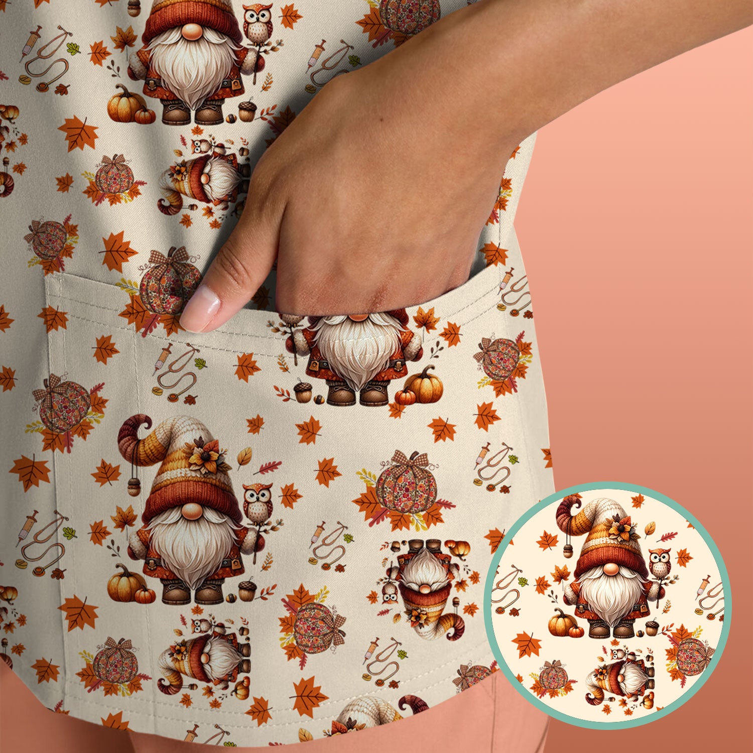 Fall Gnome Nurse Scrub Top for Women - Autumn Leaves Pumpkin Shirts - Thanksgiving Nursing Uniform Gift for RN LPN CNA