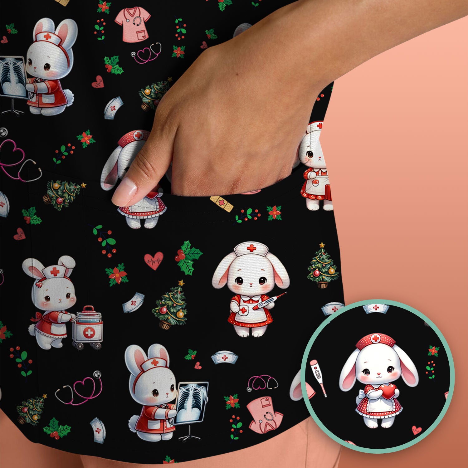 Comfortable Scrubs for Nurses - Funny Bunny Scrub Top - Rabbit Christmas Shirt - Xmas Med Uniform for Women