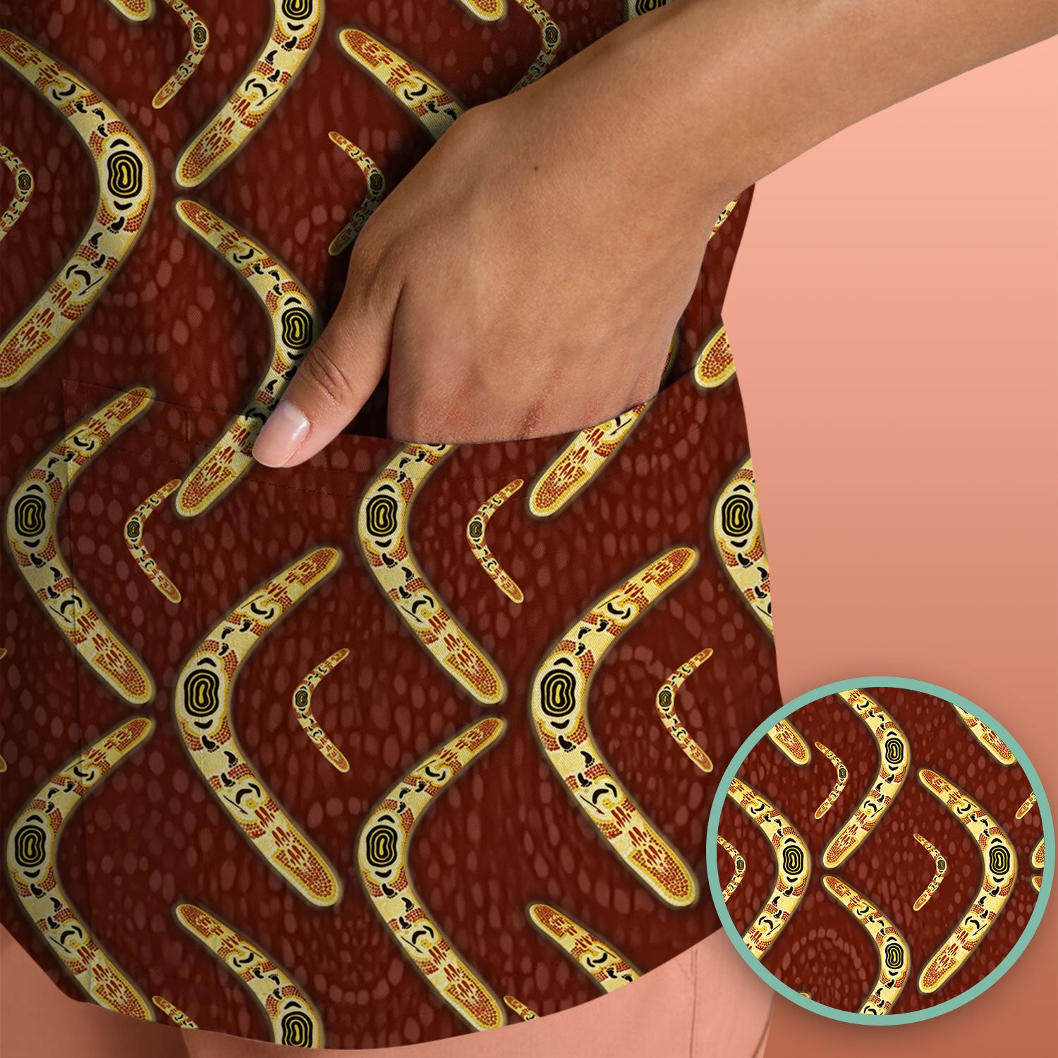 Aboriginal Boomerang Pattern Nurse Scrub Top, Breathable Fabrics Nursing Uniform
