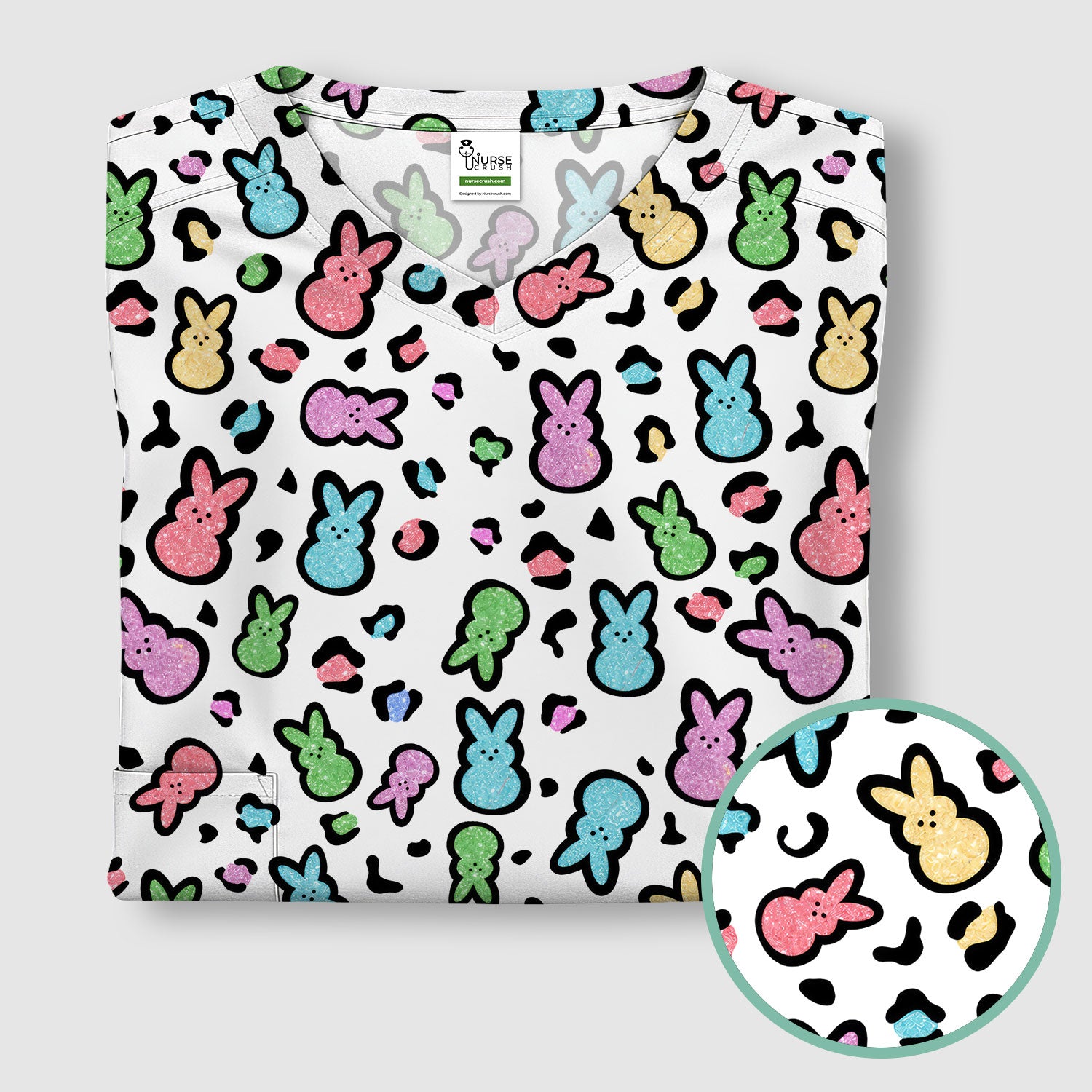 Cute Easter Bunny Pastel Pattern Scrub Top, Comfortable Scrubs for Nurses