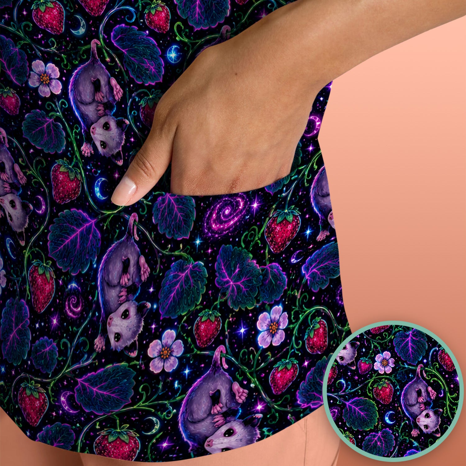 Galaxy Strawberry Opossum Pattern Scrub Top for RN, CNA, Veterinary Staff, Cat Lover Uniform