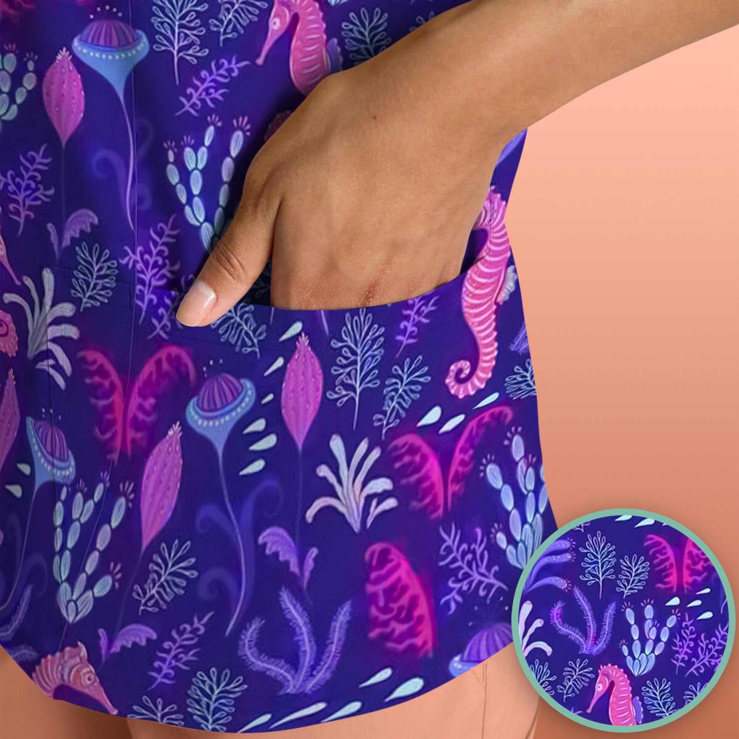 Purple Seahorse Ocean Scrub Top, Comfortable Scrubs for Nurses