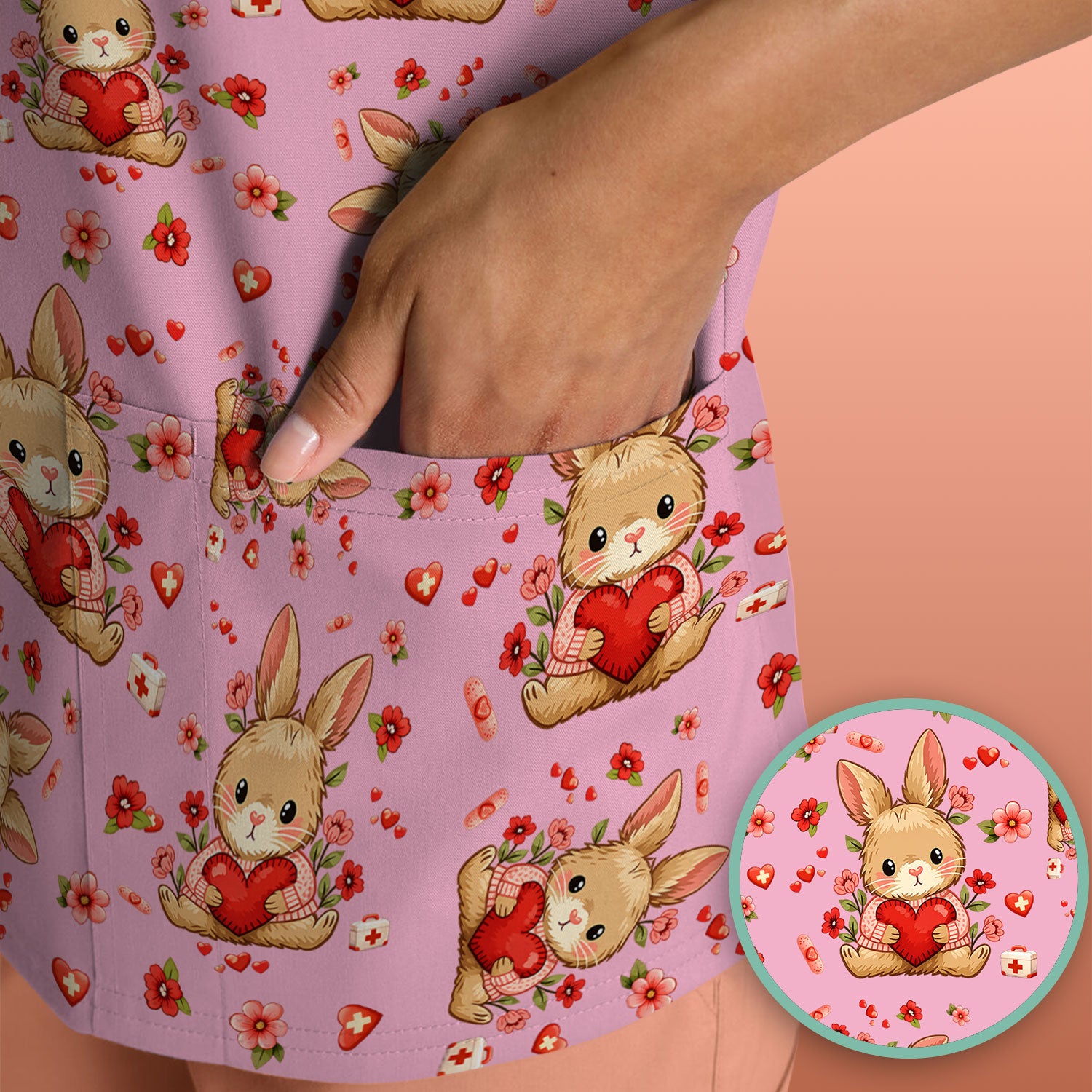 Adorable Bunny Heart Healthcare Design Scrub Top, Comfortable Scrubs for Nurses, Easter