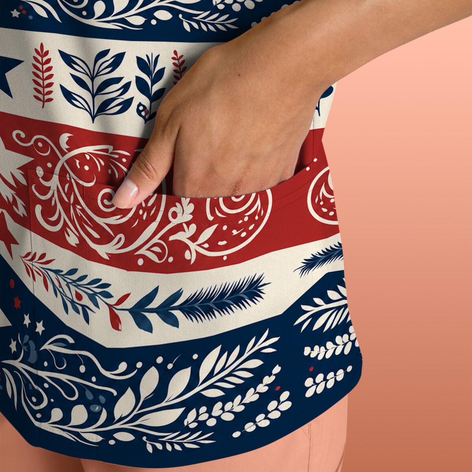 Patriotic Americana Starburst Floral Pattern Scrub Top, Comfortable Scrubs for Nurses
