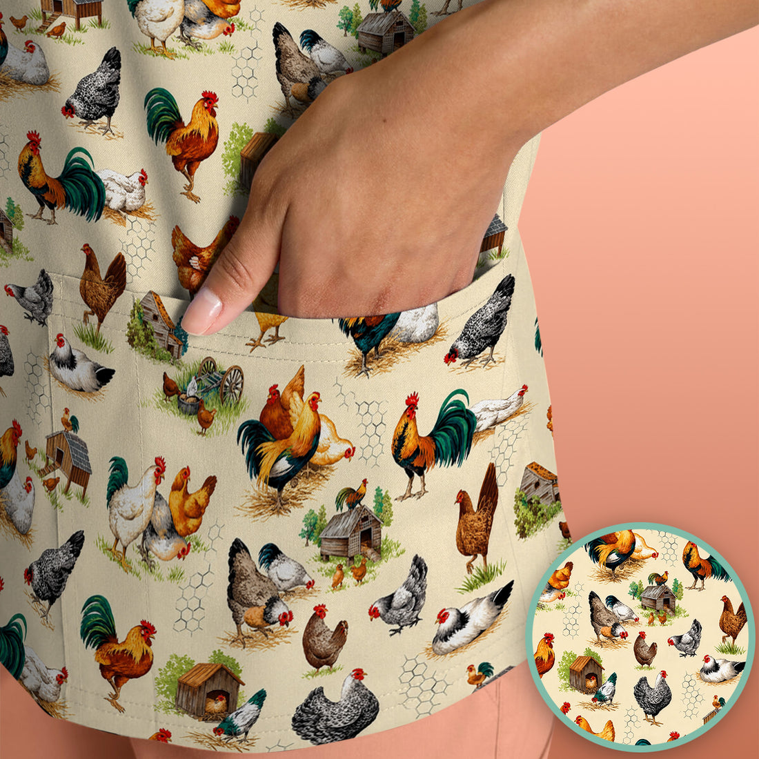 Farm Chicken Rooster Coop Pattern Scrub Top, Comfortable Scrubs for Nurses