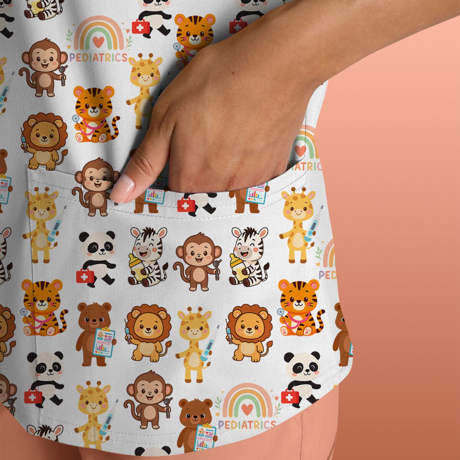 Funny Animal Nurse Scrub - Cute Zoo & Safari Animals Pattern Design - Gift for PEDS RN LPN