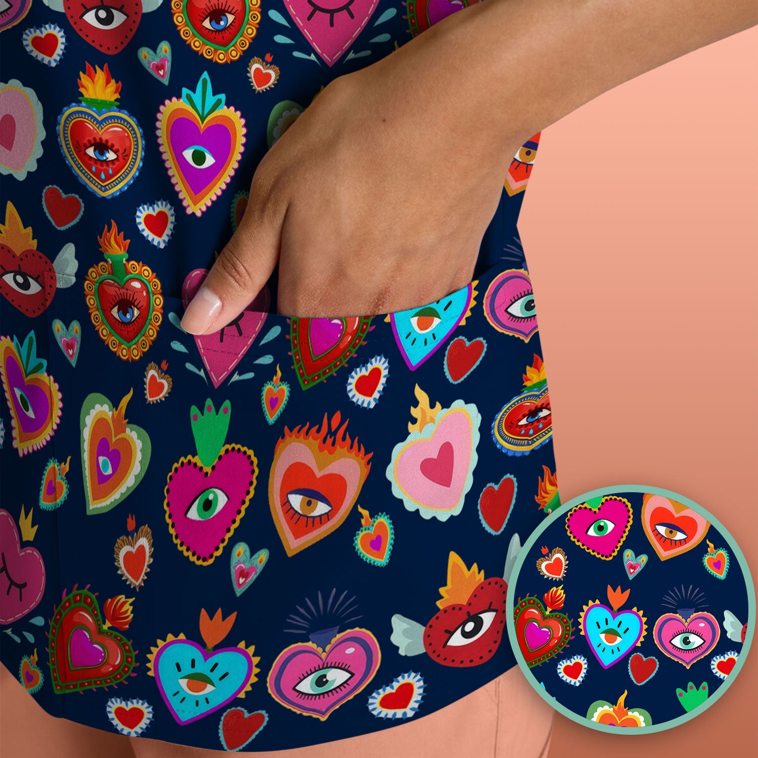 Valentine Colorful Sacred Heart Print Medical Scrub Top, Comfortable Scrubs for Nurses