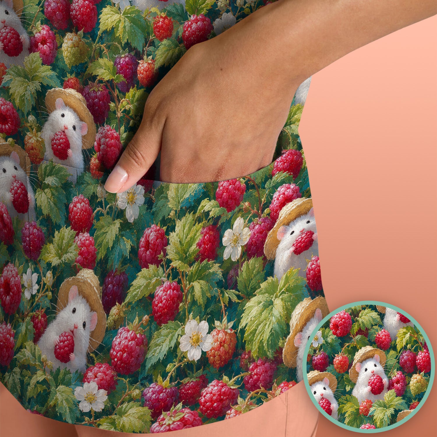 Cute Raspberry Mouse Garden Pattern Scrub Top, Comfortable Scrubs for Nurses