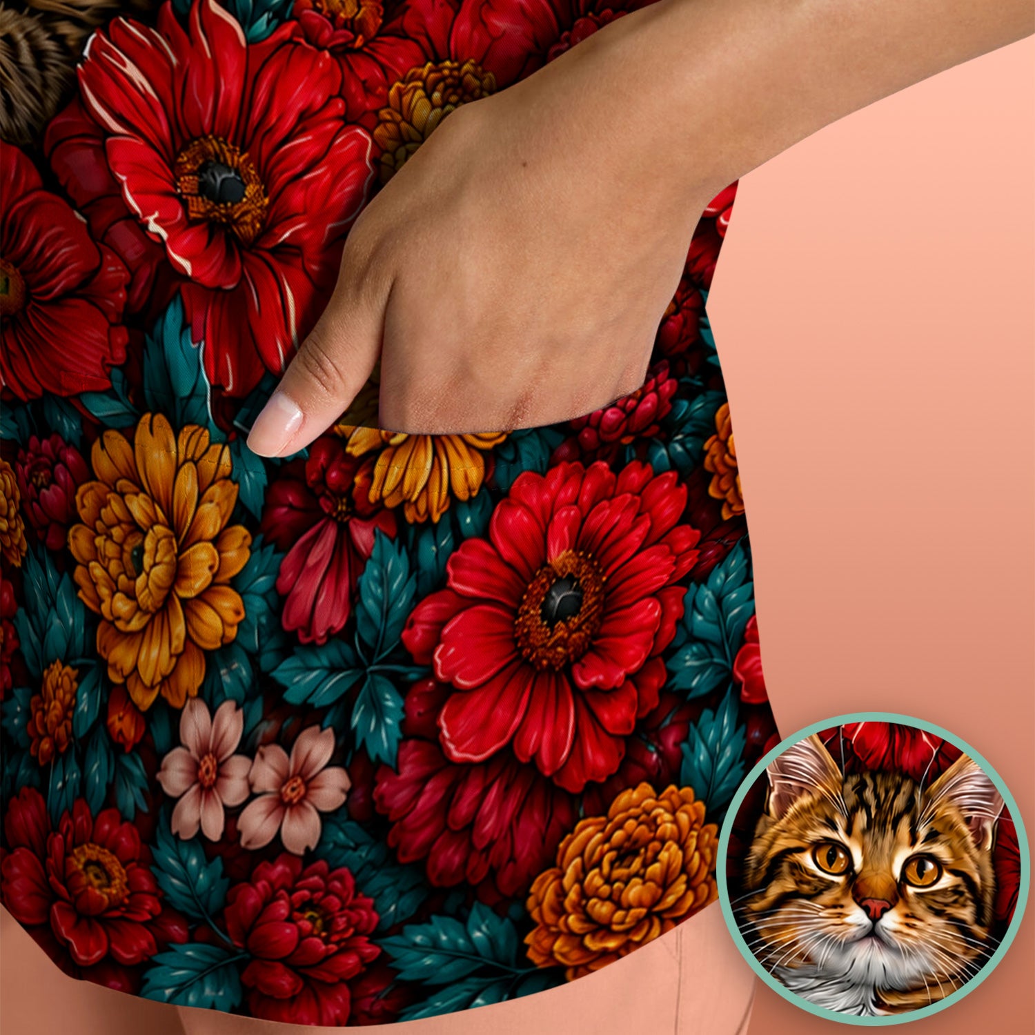 Adorable Tabby Cat Floral Garden Pattern Scrub Top, Comfortable Scrubs for Nurses
