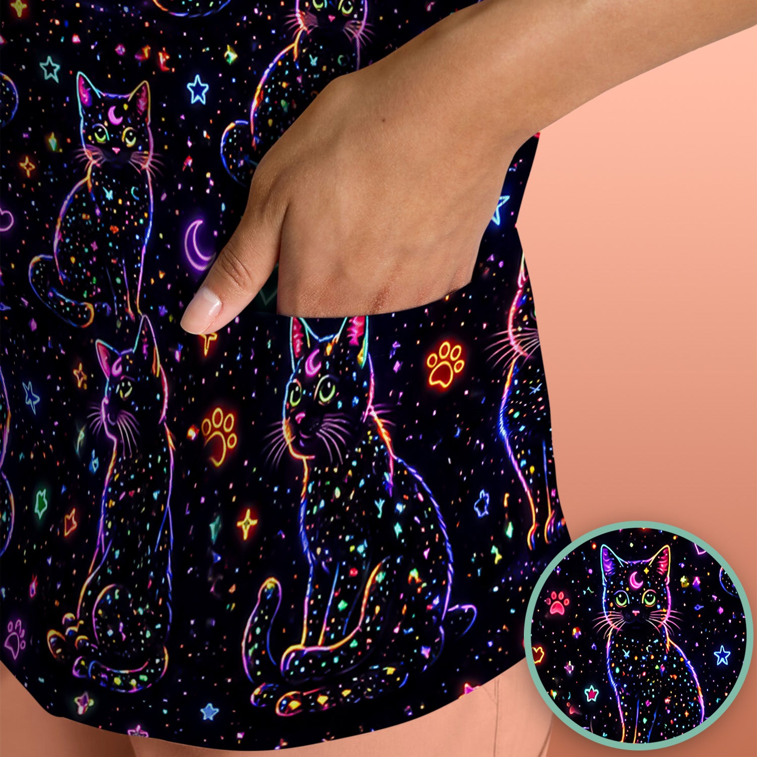 Mystical Cosmic Moon Cat Pattern Scrub Top, Comfortable Scrubs for Nurses