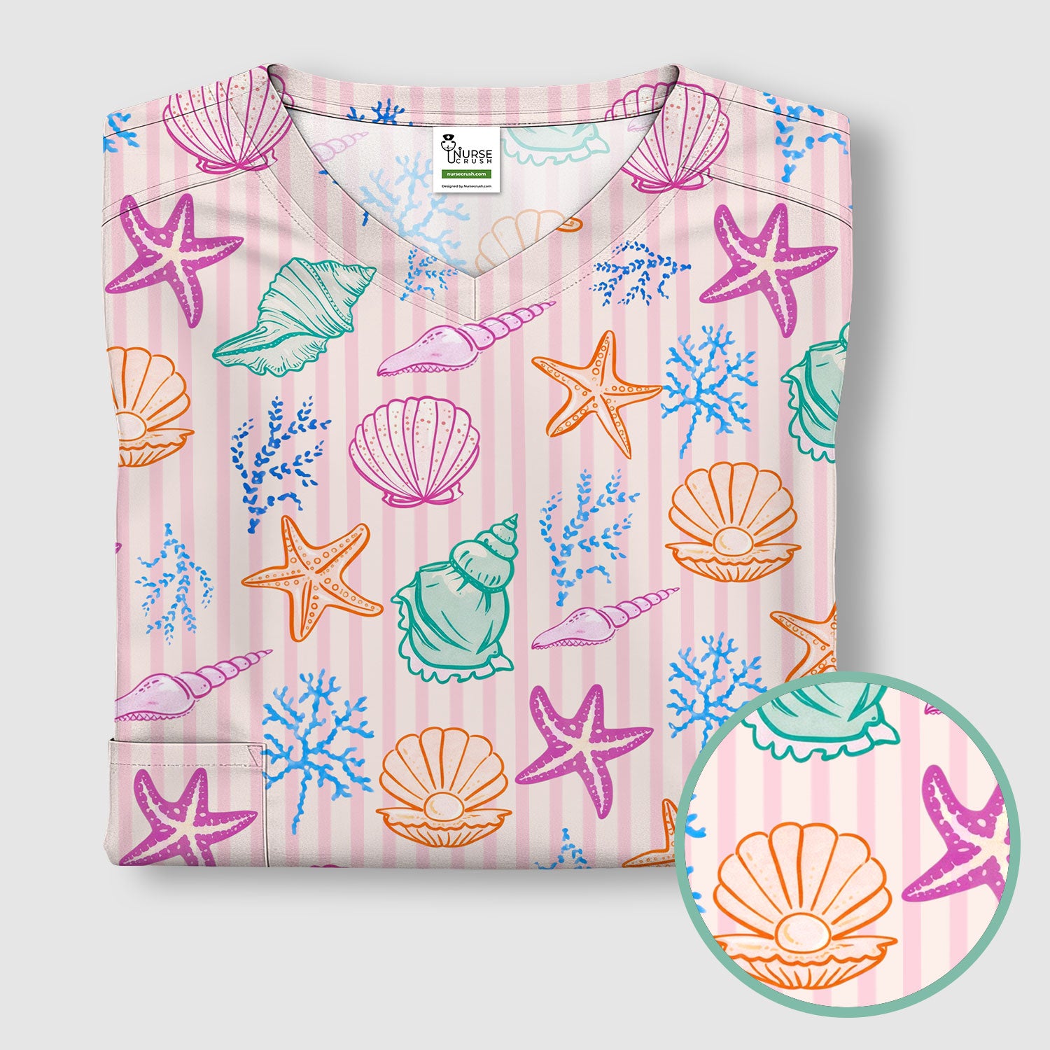 Colorful Seashell Starfish Ocean Stripe Pattern Scrub Top, Breathable Fabrics Nursing Uniform
