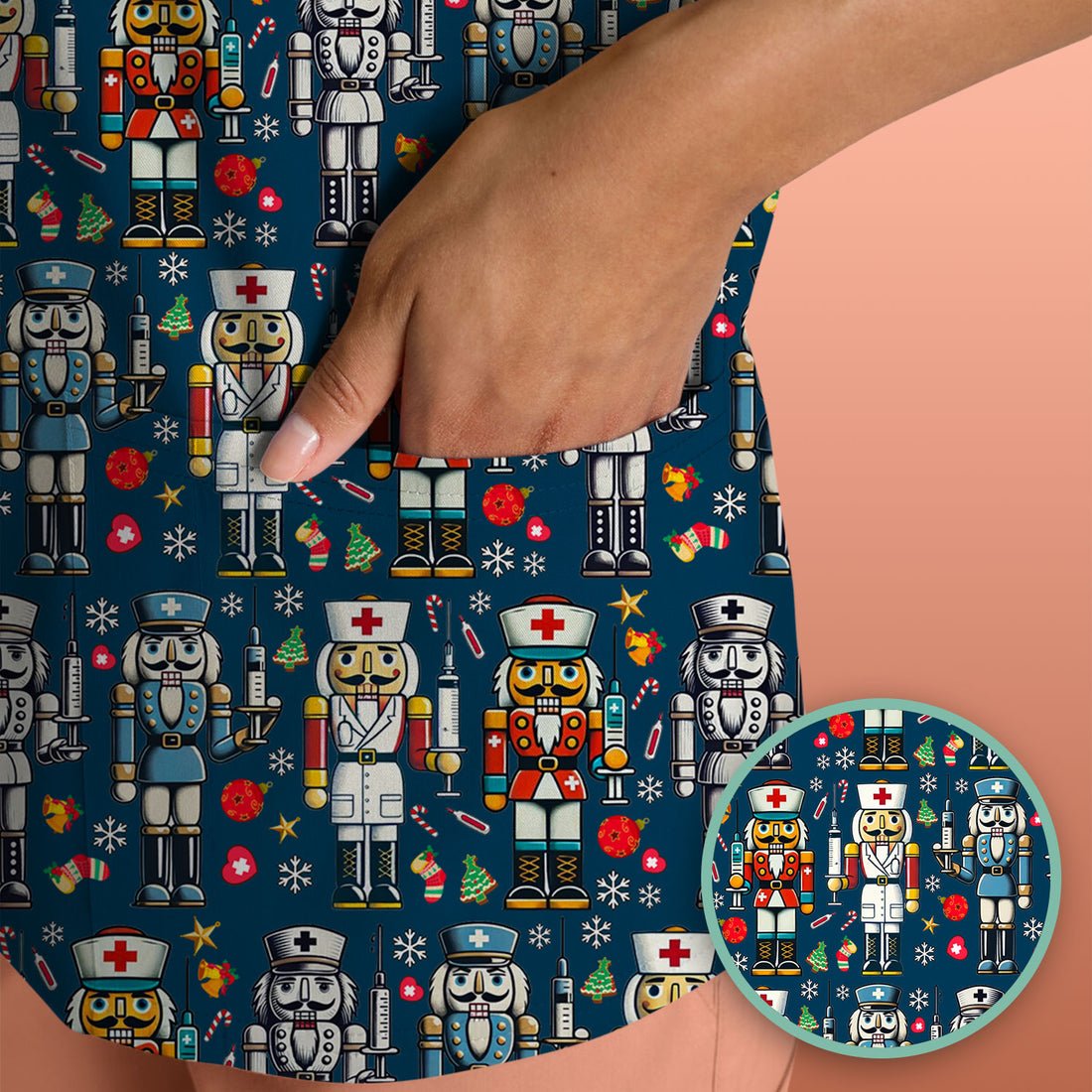 Funny Nutcracker Christmas Scrub Top – Cute Holiday Nurse Pattern Shirt – Festive Medical Uniform for RN, LPN, CNA, and Healthcare Workers
