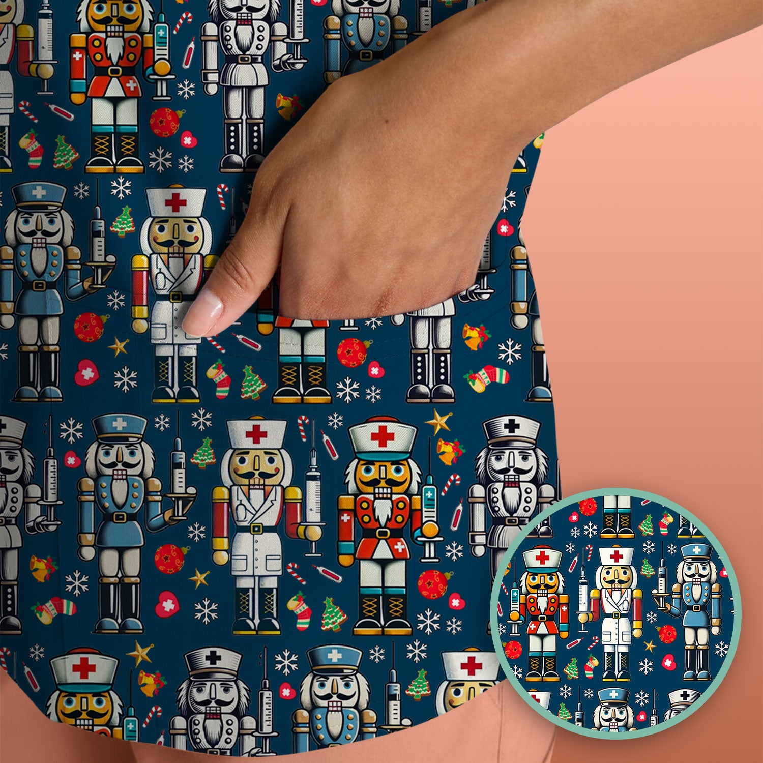 Funny Nutcracker Christmas Scrub Top – Cute Holiday Nurse Pattern Shirt – Festive Medical Uniform for RN, LPN, CNA, and Healthcare Workers