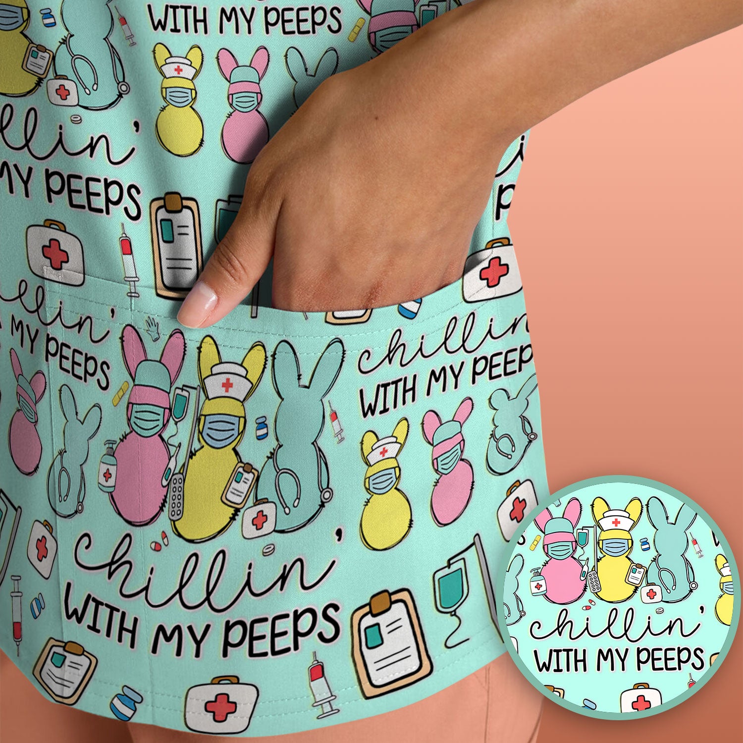 Cute Bunny Nurse Chillin With My Peeps Scrub Top, Comfortable Scrubs for Nurses, Easter