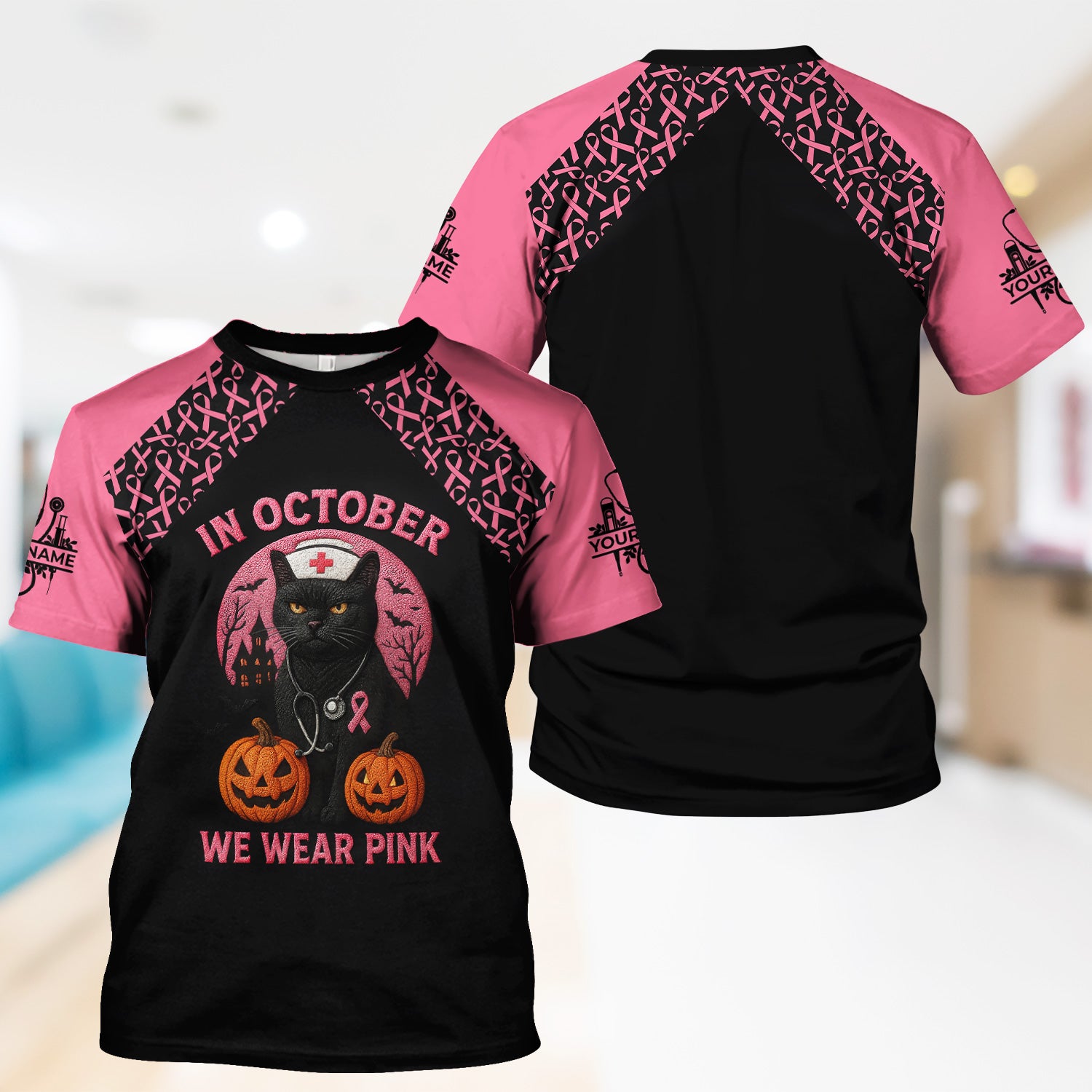 In October We Wear Pink Scrub Top - Breast Cancer Awareness Shirt for Women - Halloween Gift for RN CNA LPN ER