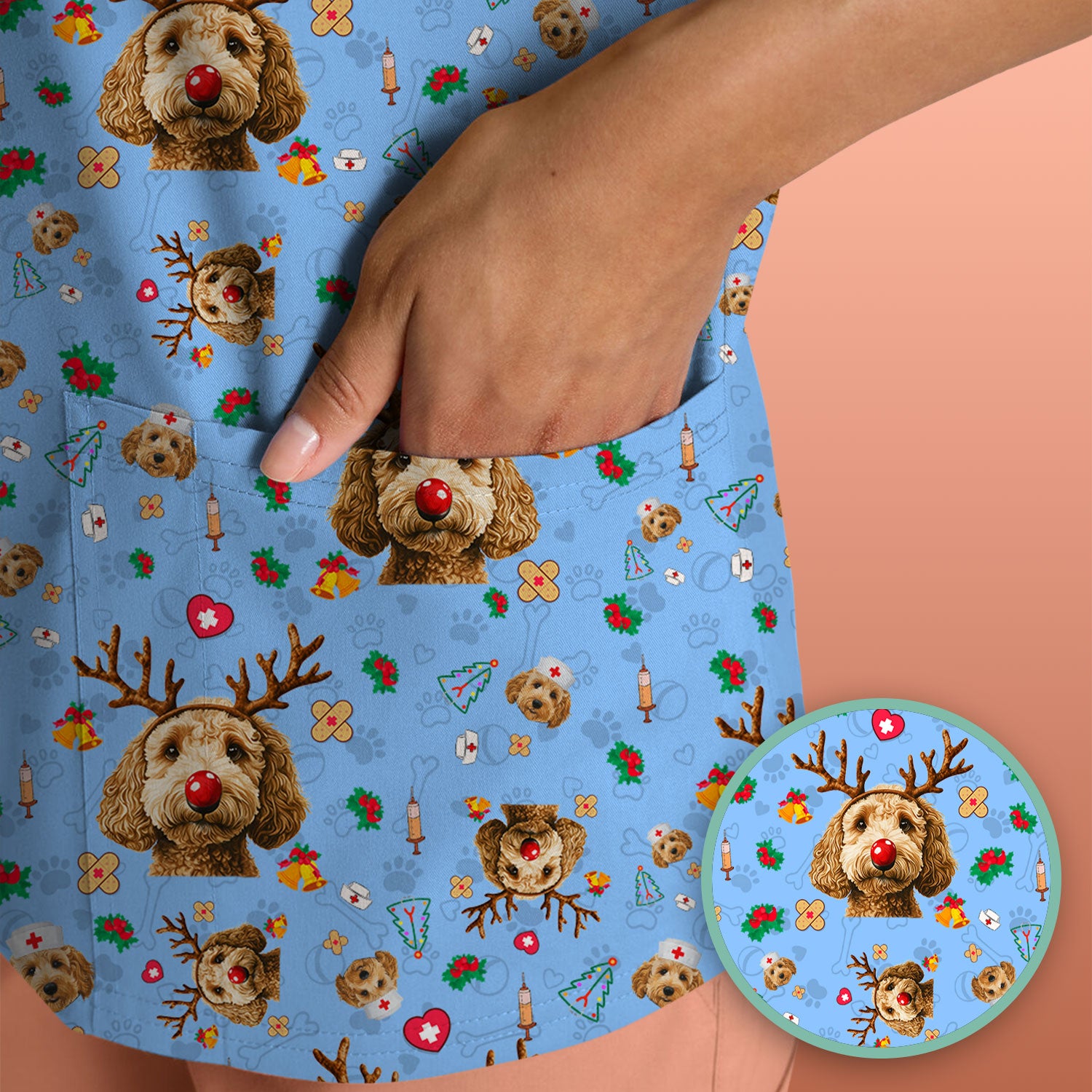 Labradoodle Reindeer Christmas Scrub Top - Funny Dog Nurse Shirt - Cute Holiday Medical Uniform for Women RN LPN CNA Gift
