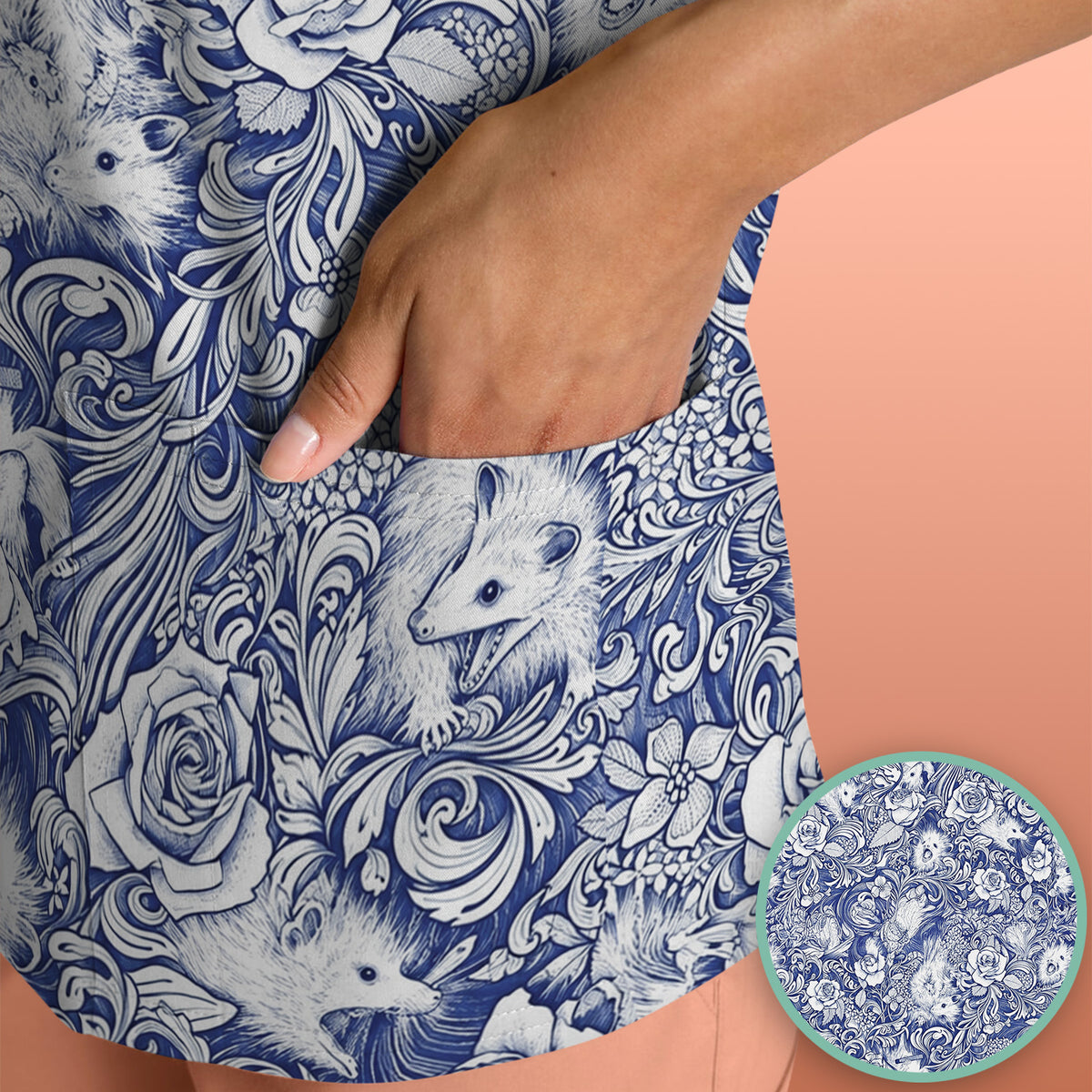 Blue Floral Opossum and Roses Scrub Top, Comfortable Scrubs for Nurses