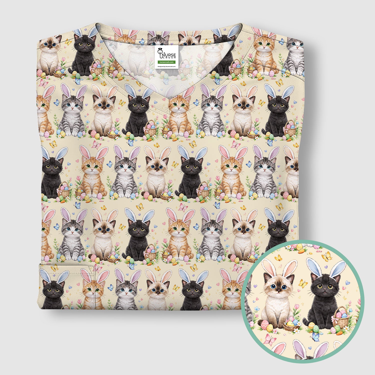 Easter Kitten Bunny Ears Pattern Scrub Top, Comfortable Scrubs for Nurses