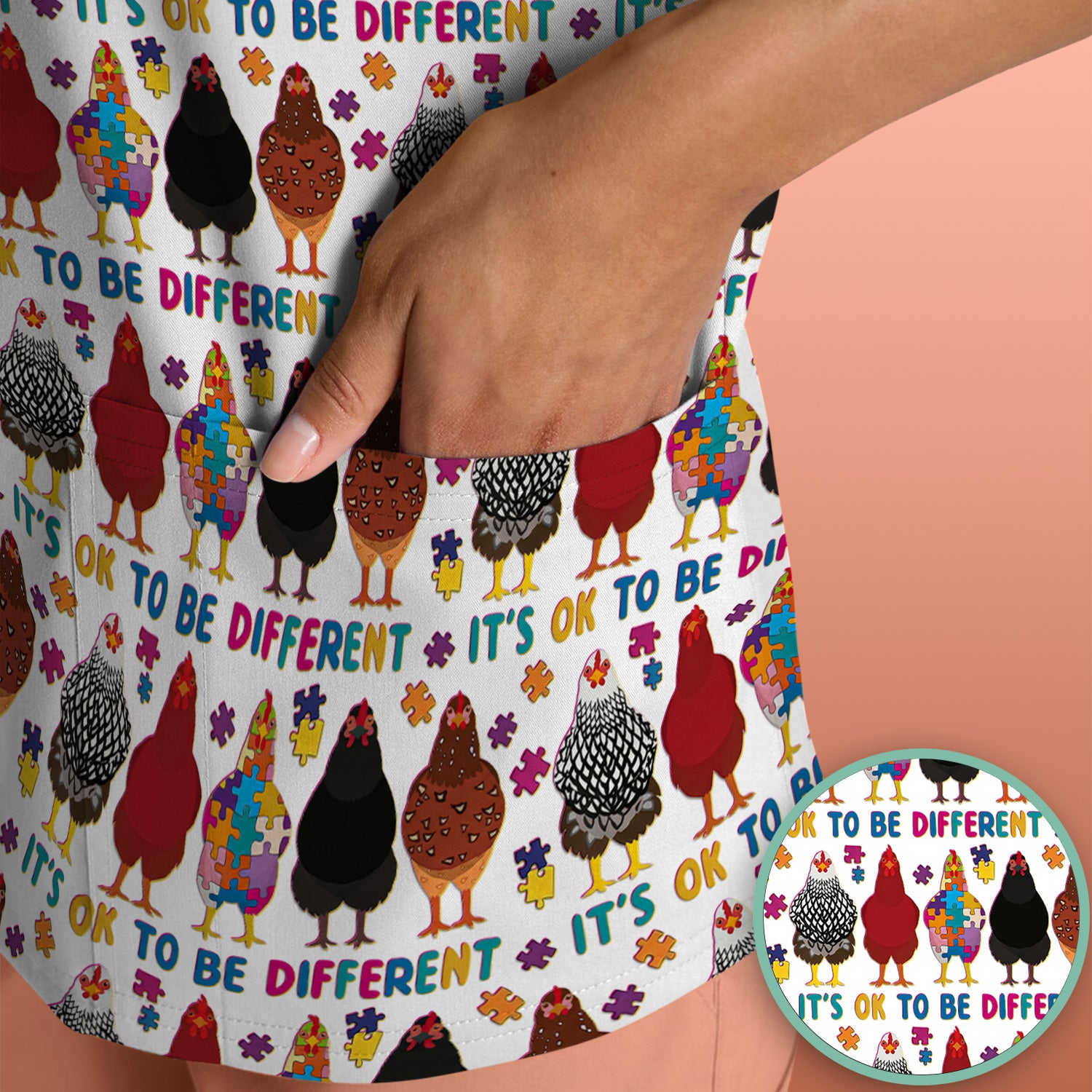 Autism Chicken It’s OK to Be Different Print Scrub Top, Comfortable Scrubs for Nurses
