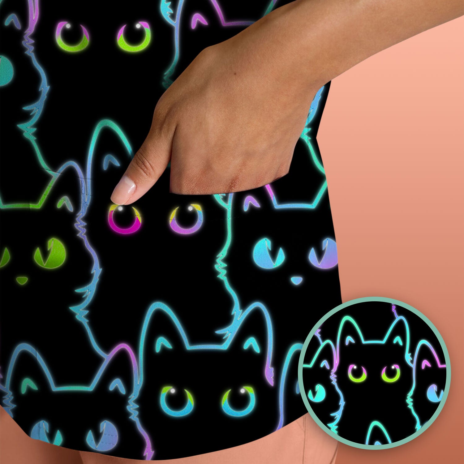 Neon Cat Pattern Scrub Top, Black Cat Scrub Shirt, Breathable Fabrics Nursing Uniform