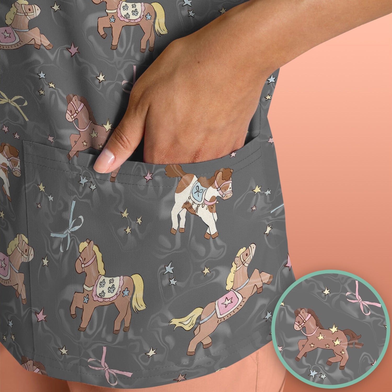 Cute Pony Star Pattern Scrub Top, Comfortable Scrubs for Nurses