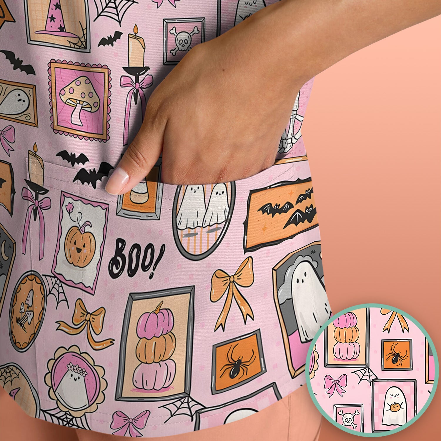 Pink Halloween Ghost Gallery Print Scrub Top, Comfortable Scrubs for Nurses