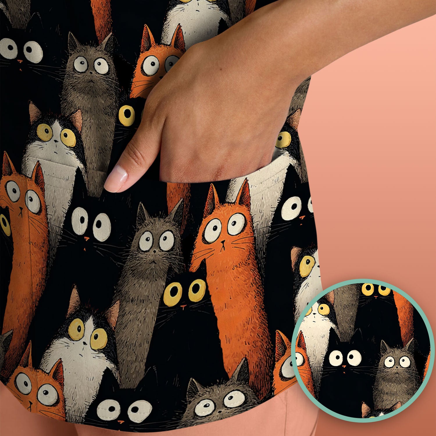 Black Cat Pattern Nurse Scrub Top, Cat Lover Nurse Shirt, Breathable Fabrics Nursing Uniform
