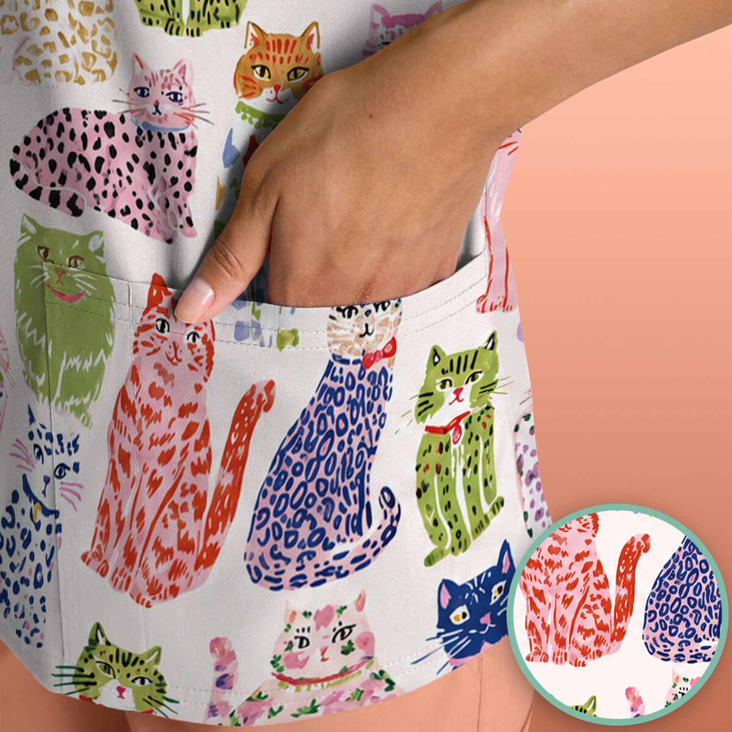 Colorful Cat with Playful Pet Scrub Top, Comfortable Scrubs for Nurses