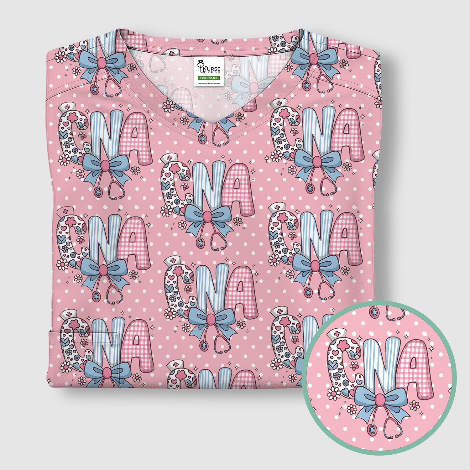 Cute CNA Floral Bow Pattern Scrub Top, Breathable Fabrics Nursing Uniform