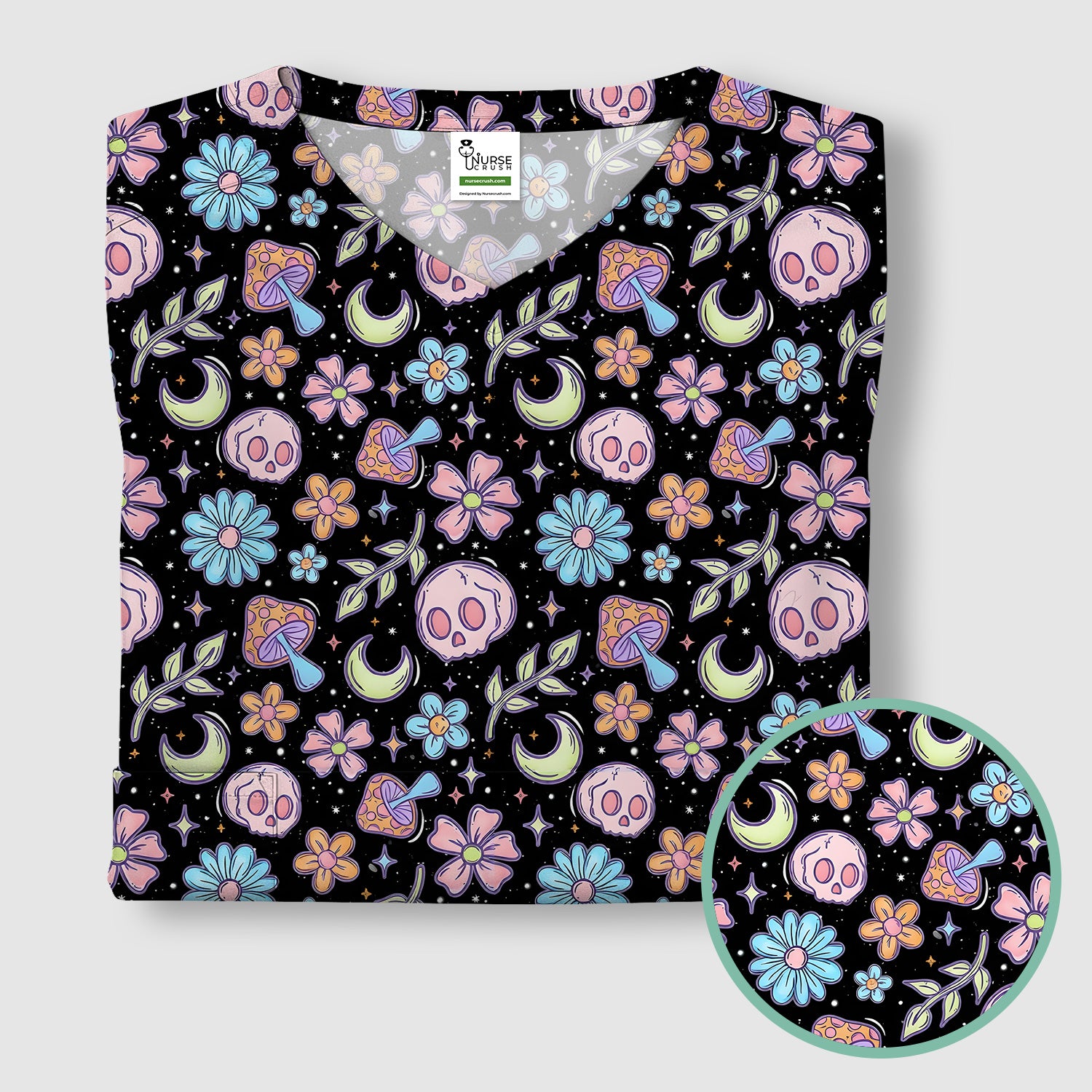 Neon Skull Mushroom Floral Scrub Top, Colorful Gothic Nurse Scrubs Uniform