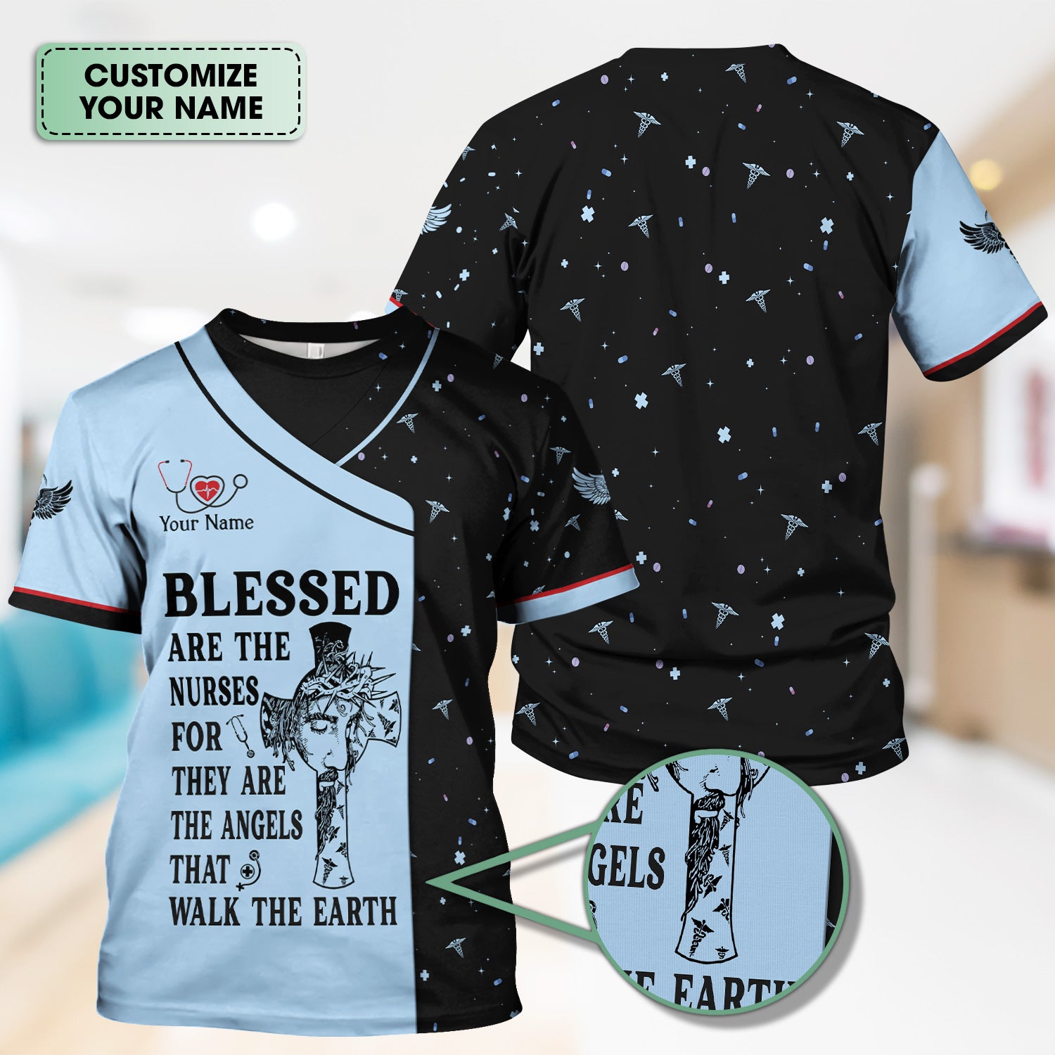 Personalized Christian Nurse Scrub Top - Jesus Cross & Angels That Walk The Earth Quote - Gift for Women RN LPN