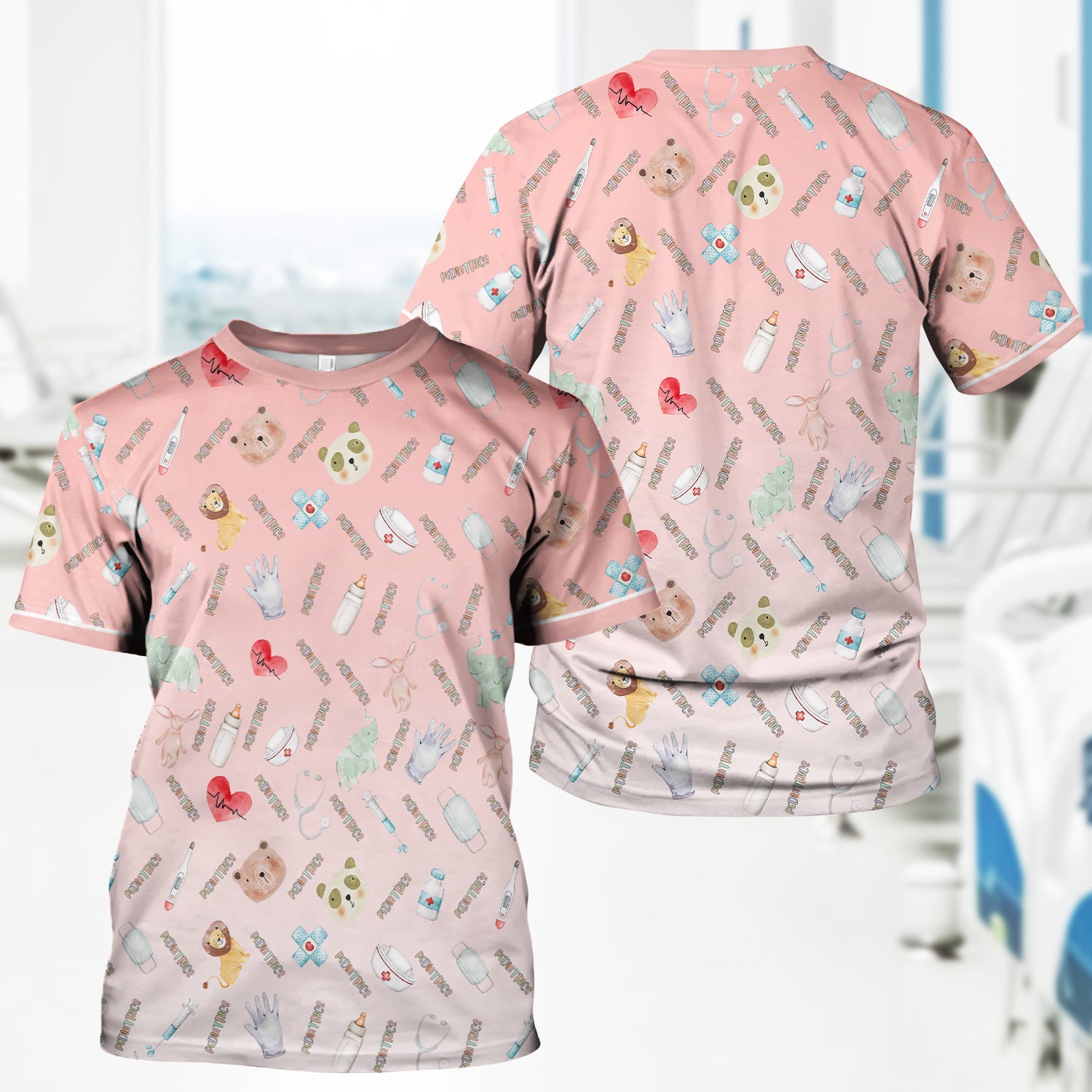 Adorable Pediatric Medical Scrub - Medical Uniform Top with Animal & Heart Icons - Gift for RN, CNA, LPN, Healthcare Worker