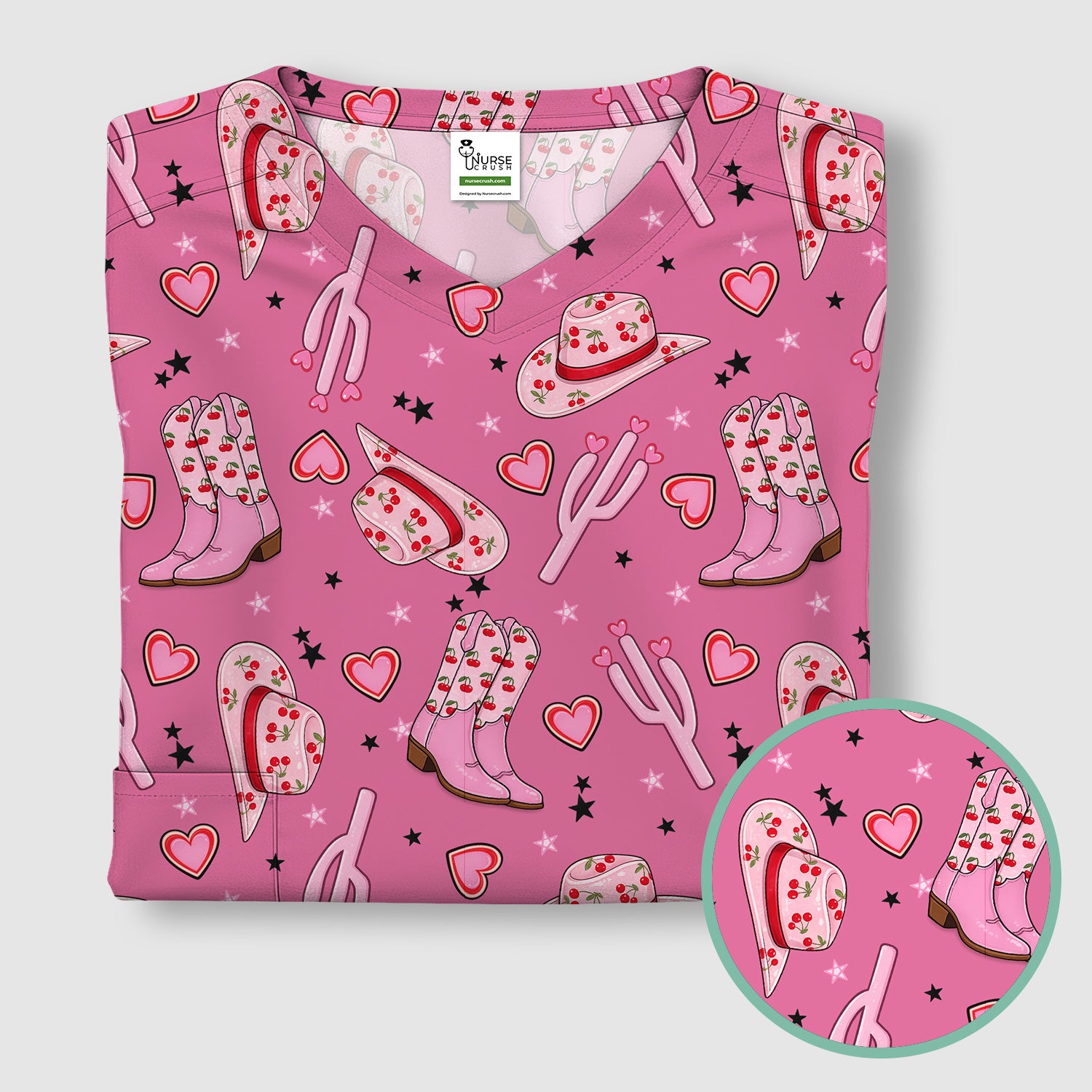 Pink Cowgirl Western Boots Hat Pattern Scrub Top, Breathable Medical Uniform Top