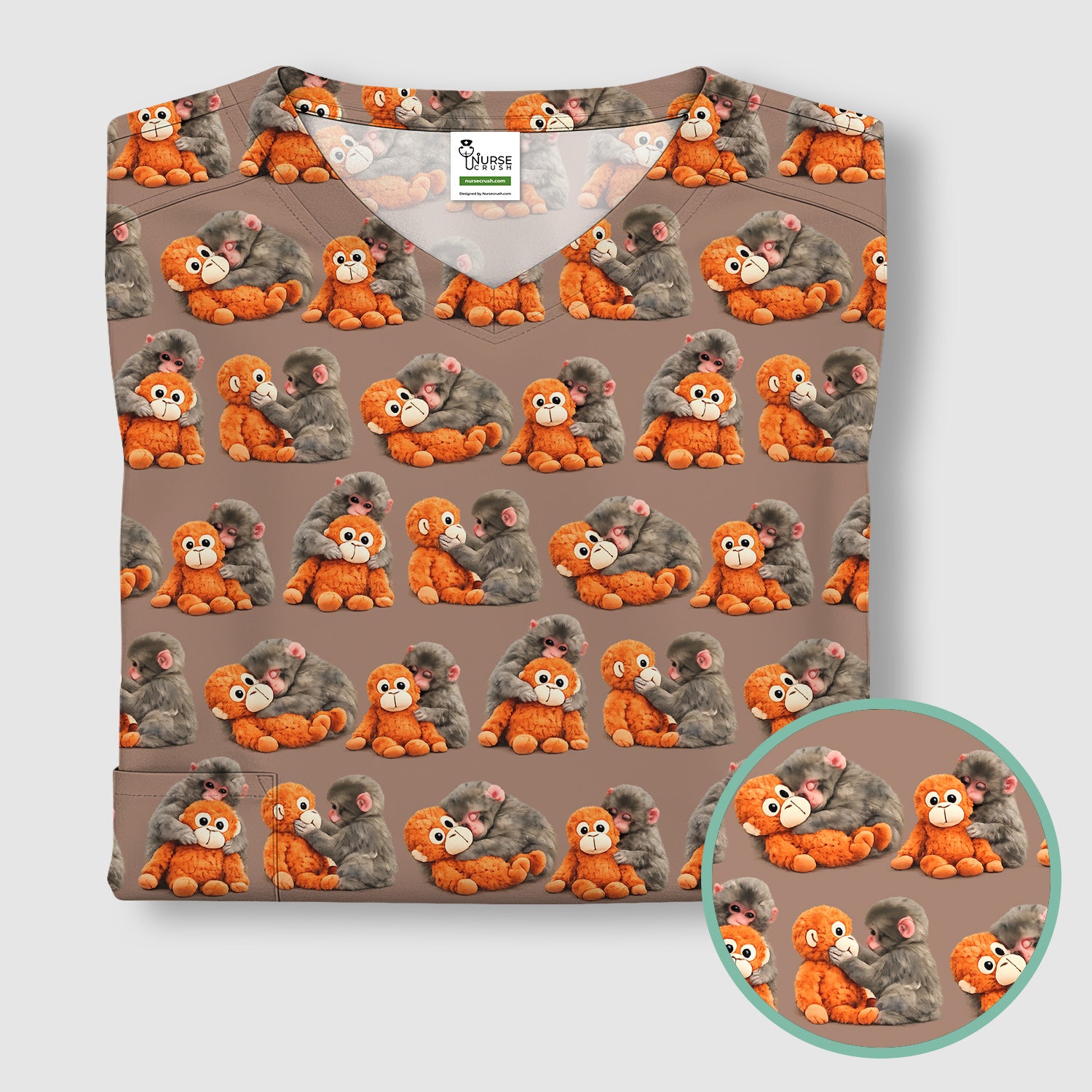 Cute Baby Monkey Plush Toy Animal Pattern Scrub Top, Breathable Medical Uniform Top