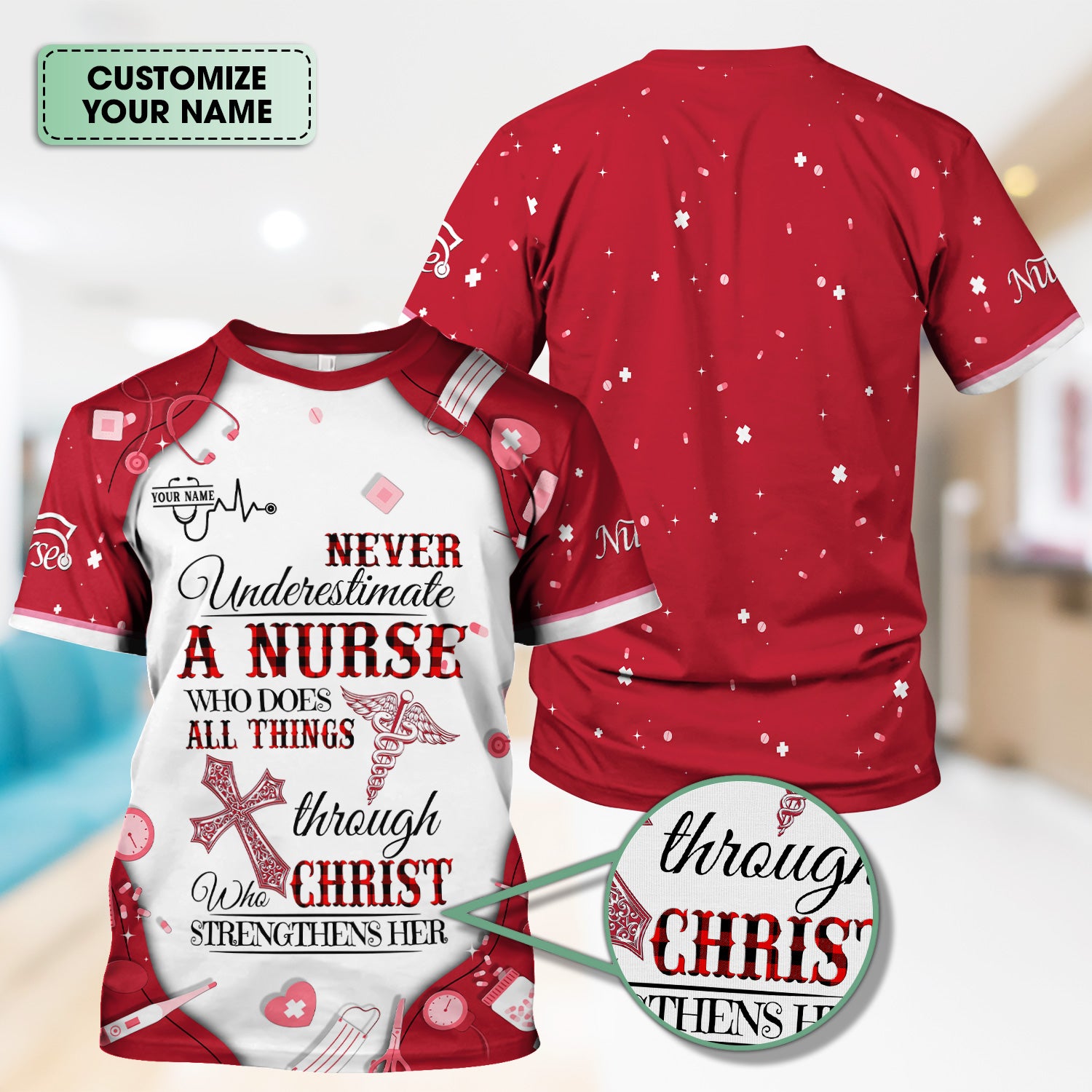 Faith-Based Personalized Nursing Scrub for Women - Bible Verse All Things Through Christ - Gift for RN, LPN, CNA Healthcare Professionals