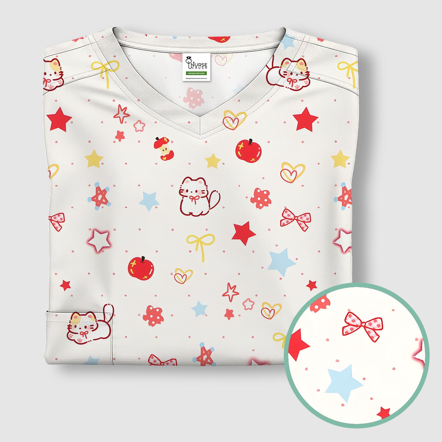 Cute Kawaii Cat Bow Star Pattern Scrub Top, Comfortable Scrubs for Nurses