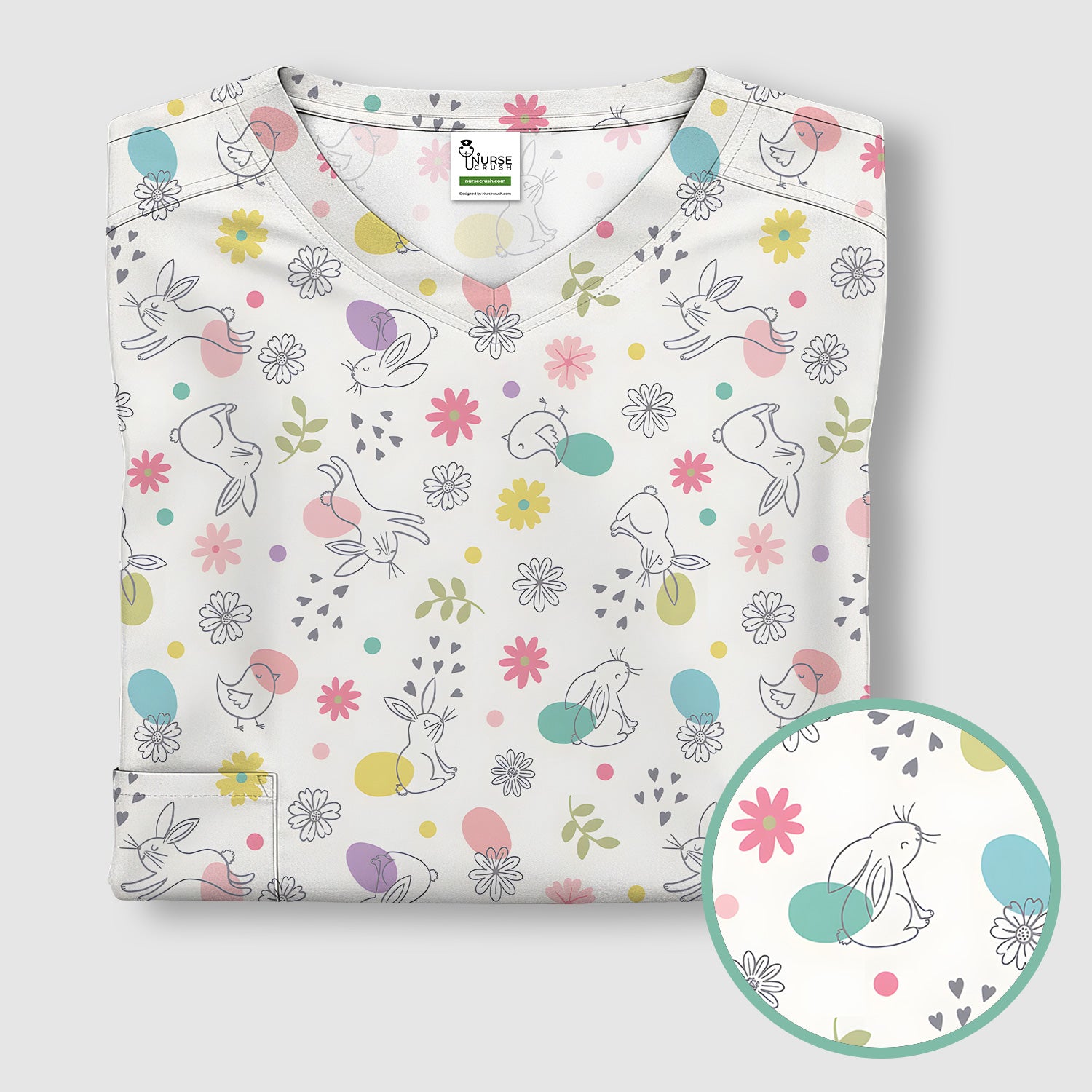Whimsical Easter Bunny Eggs Pattern Scrub Top, Comfortable Scrubs for Nurses